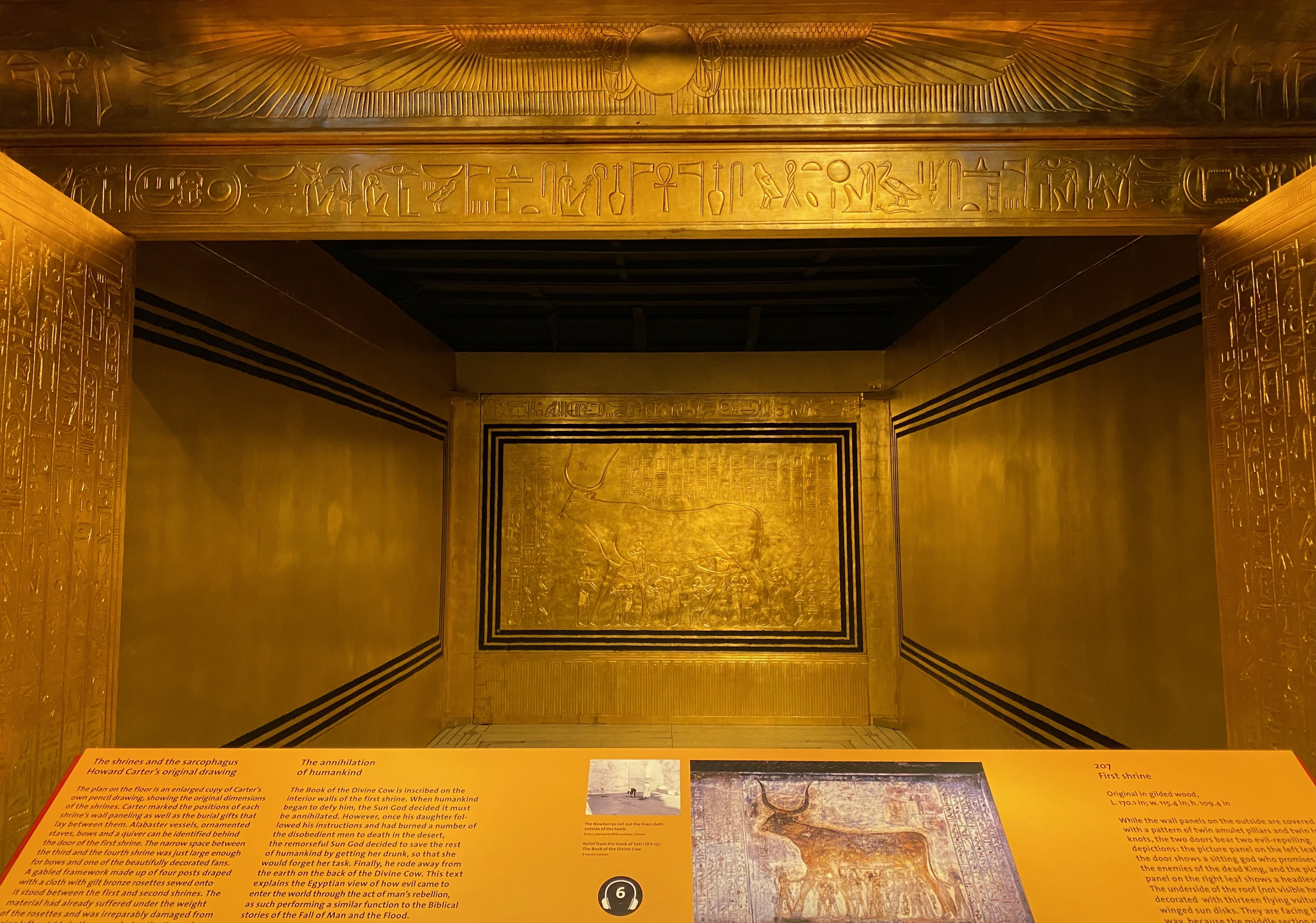A recreation of Tutankhamun's first shrine, with fully gold-gilded walls