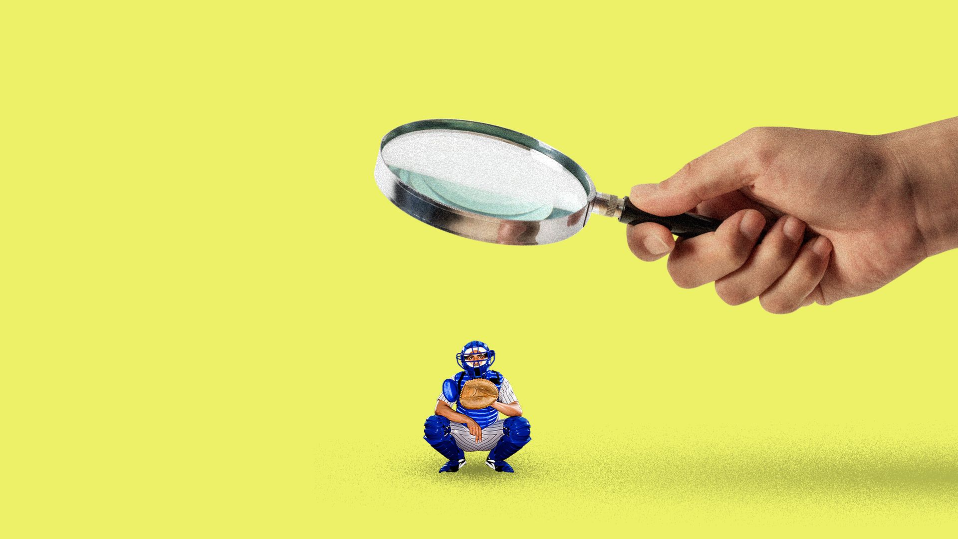 Illustration of a giant magnifying glass looking at a small pitche