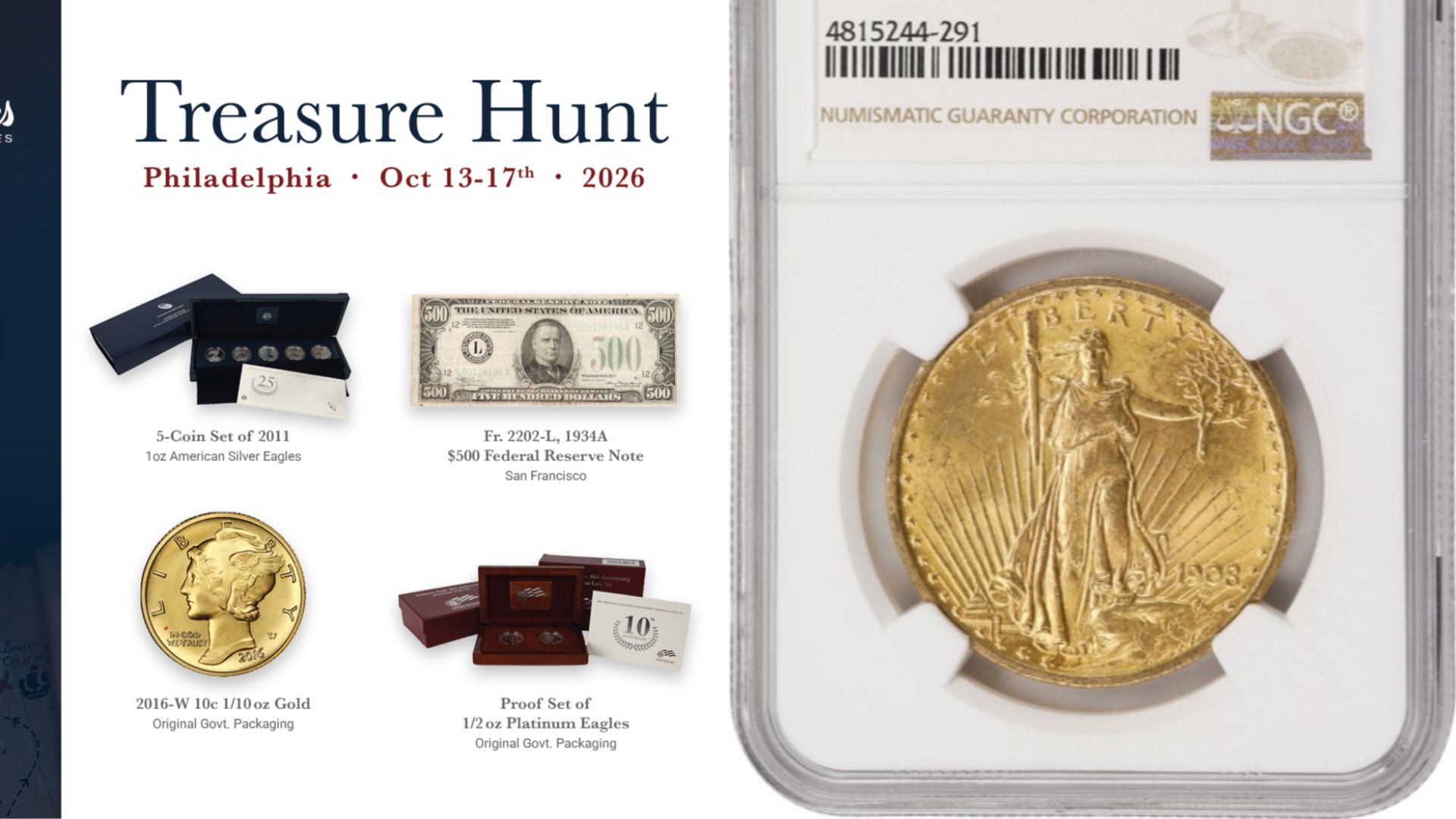 Poster for "Treasure Hunt" in Philadelphia, Oct 13–17, 2026, showing coin images on the left and a large gold coin in a graded holder on the right.