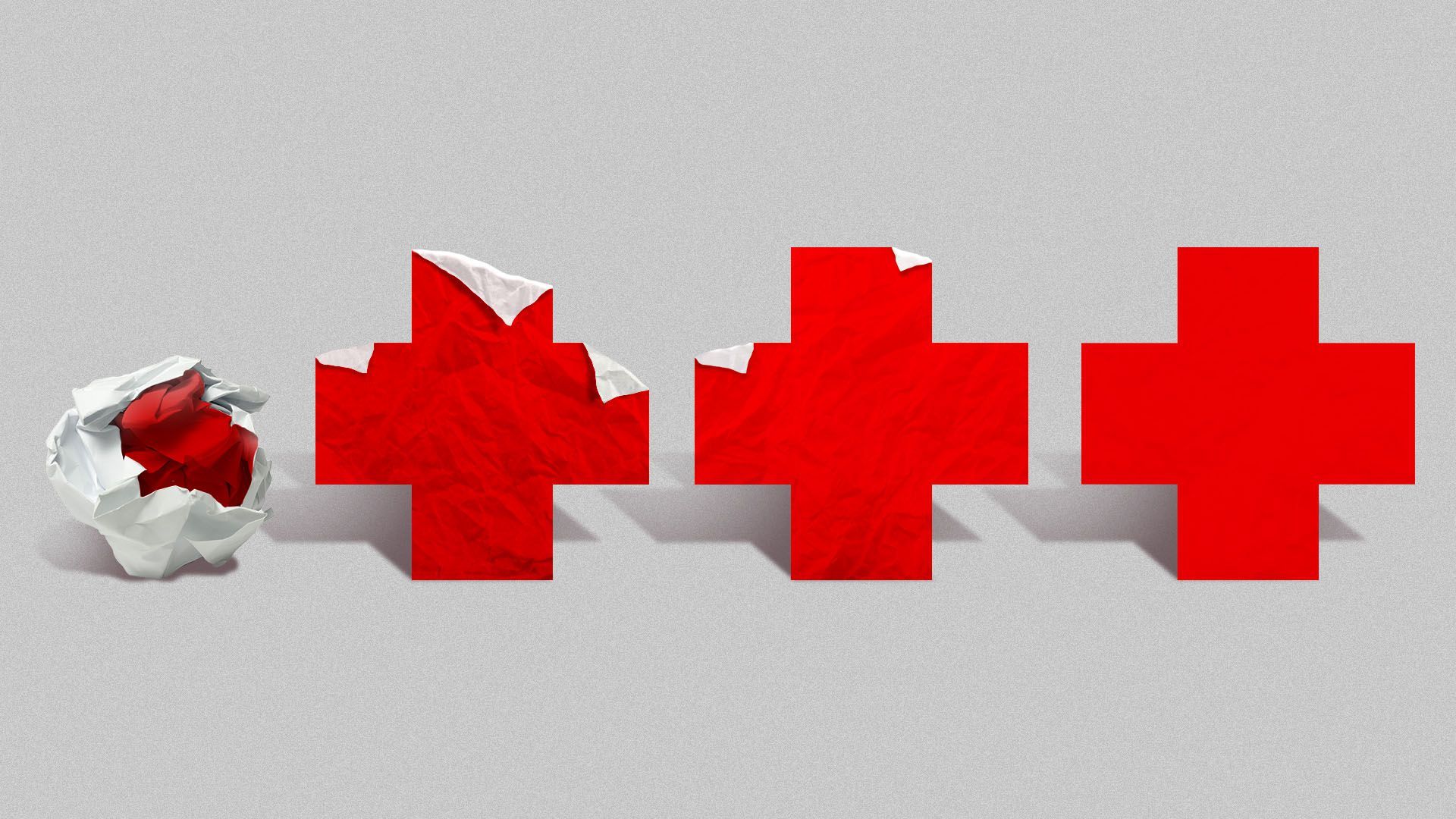 Illustration of a ball of crumpled paper evolving into a red cross