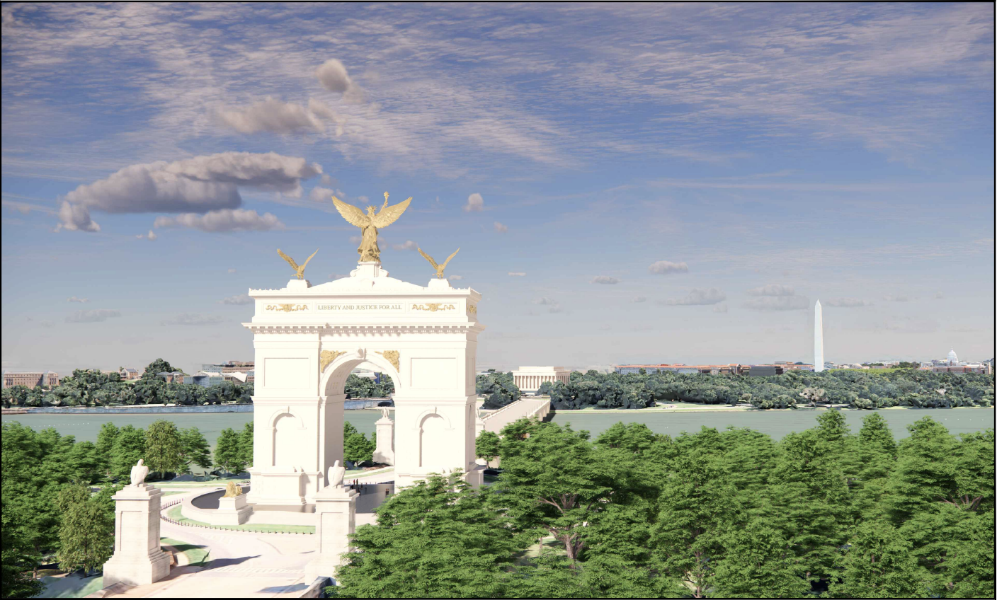 A large white arch with gold statues on top, inscribed "Liberty and Justice for All", stands in a park by a lake. Green trees fill the foreground, with a distant city skyline and an obelisk in the background.