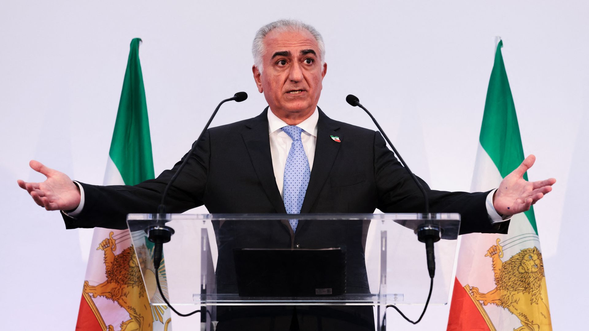 Reza Pahlavi holds a press conference in Paris in June. Photo: Joel Saget/AFP via Getty