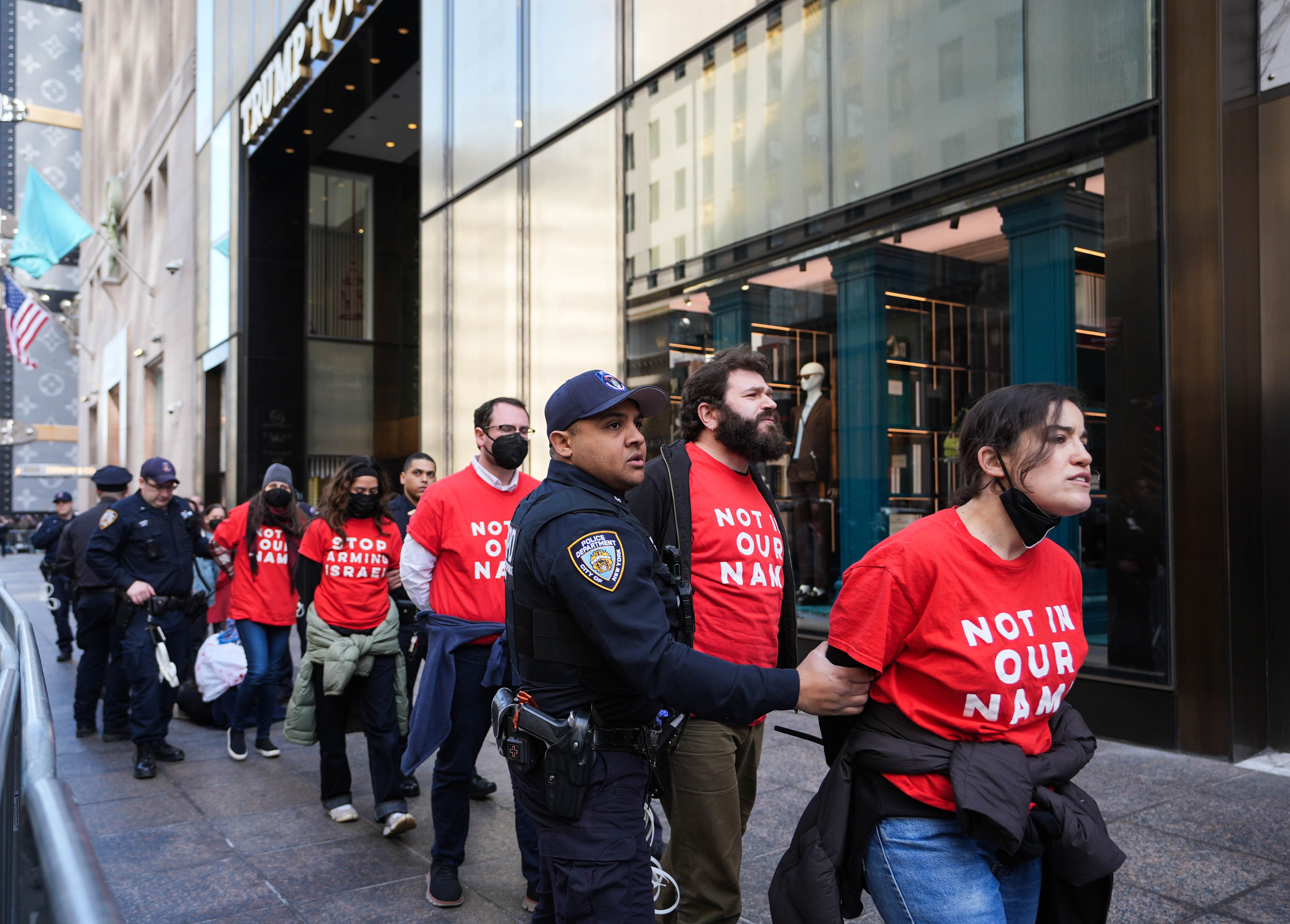 NEW YORK, US - MARCH 13: Police officers detain protestors as hundreds of activists with a Jewish peace group staged a sit-in at US President Donald Trump's signature headquarters in New York demanding the immediate release of Palestinian activist Mahmoud Khalil, in United States 