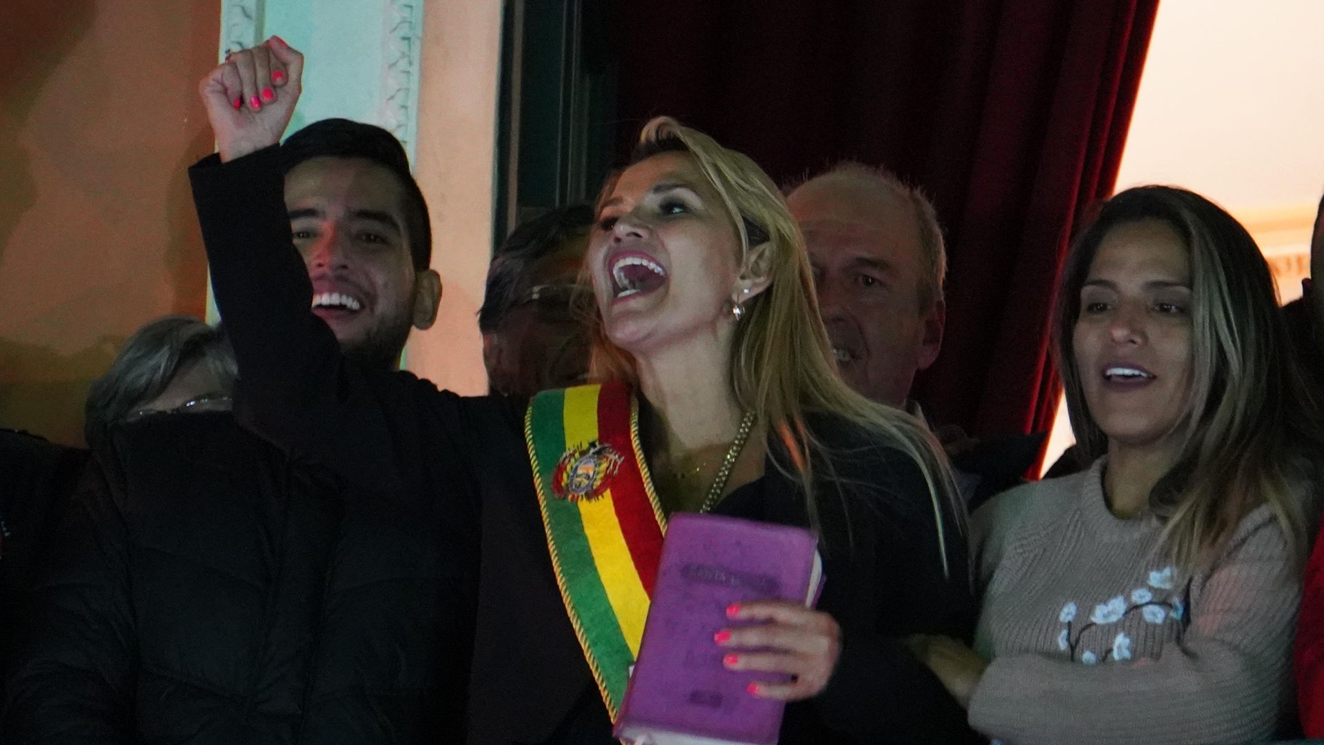 Senator and self-proclaimed interim President of Bolivia Jeanine Áñez waves at the Pluri-National Congress Assembly on November 12, 2019 in La Paz, Bolivia. 