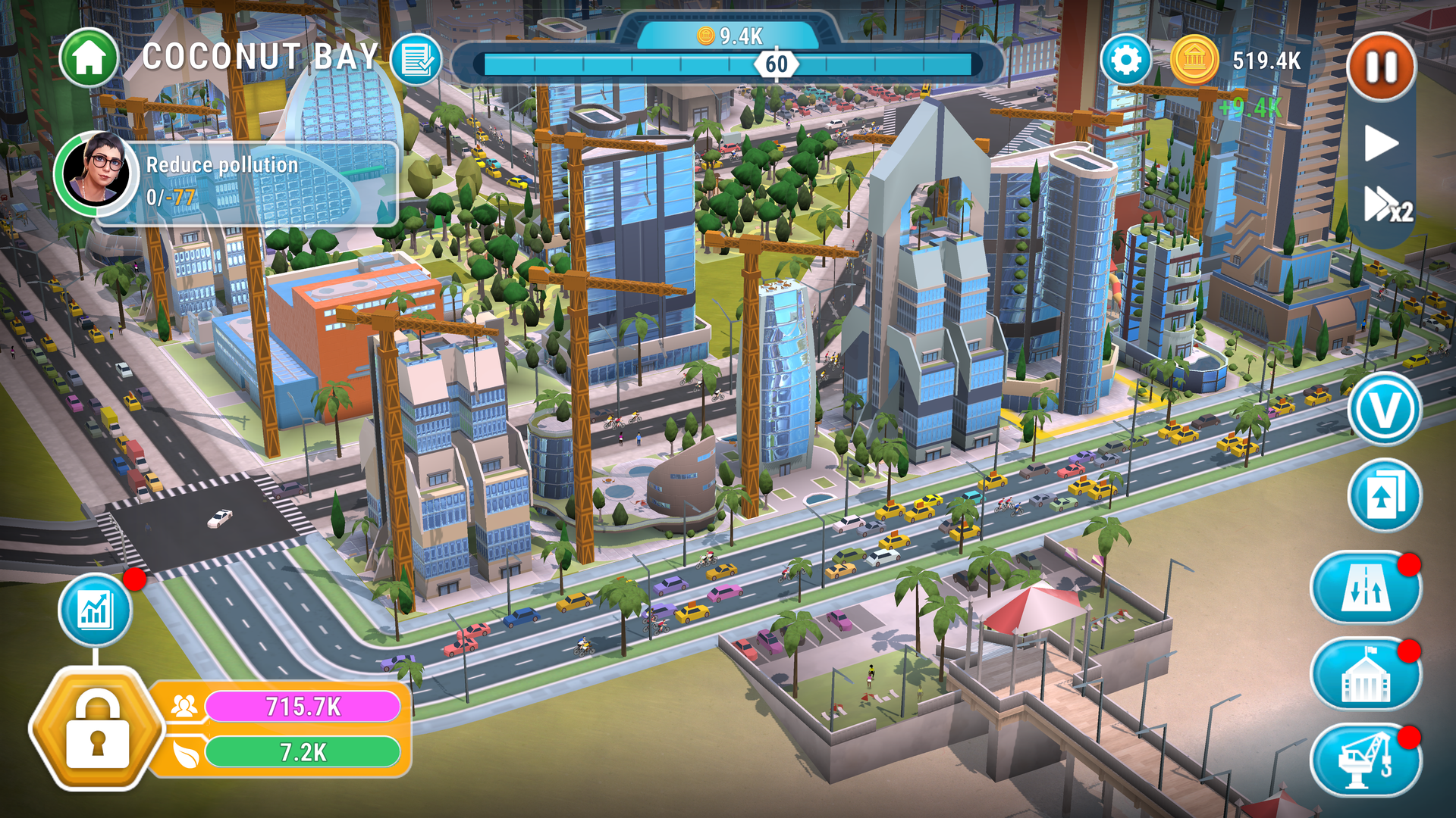 Video game screenshot of a city viewed from an overhead view. A prompt on the screen asks the user to lower the amount of pollution