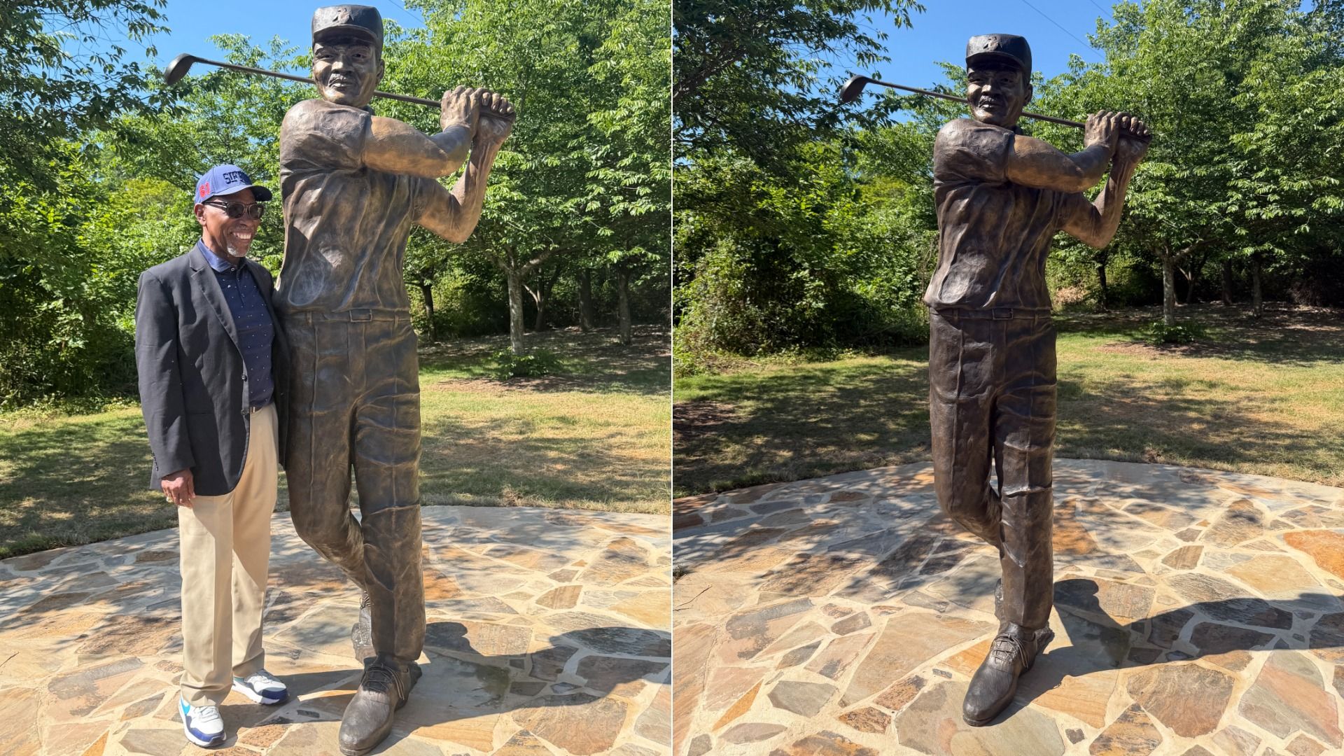 Two side-by-side photos: left shows a man in blazer and cap posing with a bronze statue of a golfer; right shows the statue alone in a park with trees and blue sky.