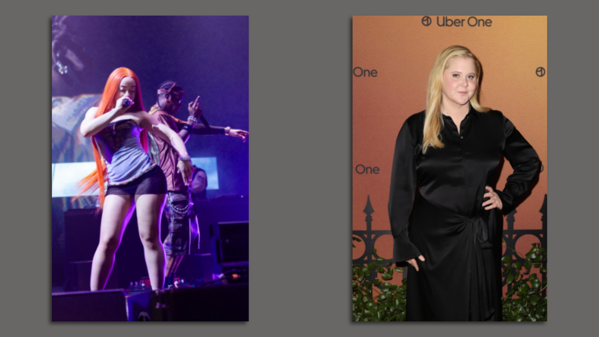 At left, Ice Spice dances in front of Travis Scott as they both sing. At right, Amy Schumer poses for a photo.