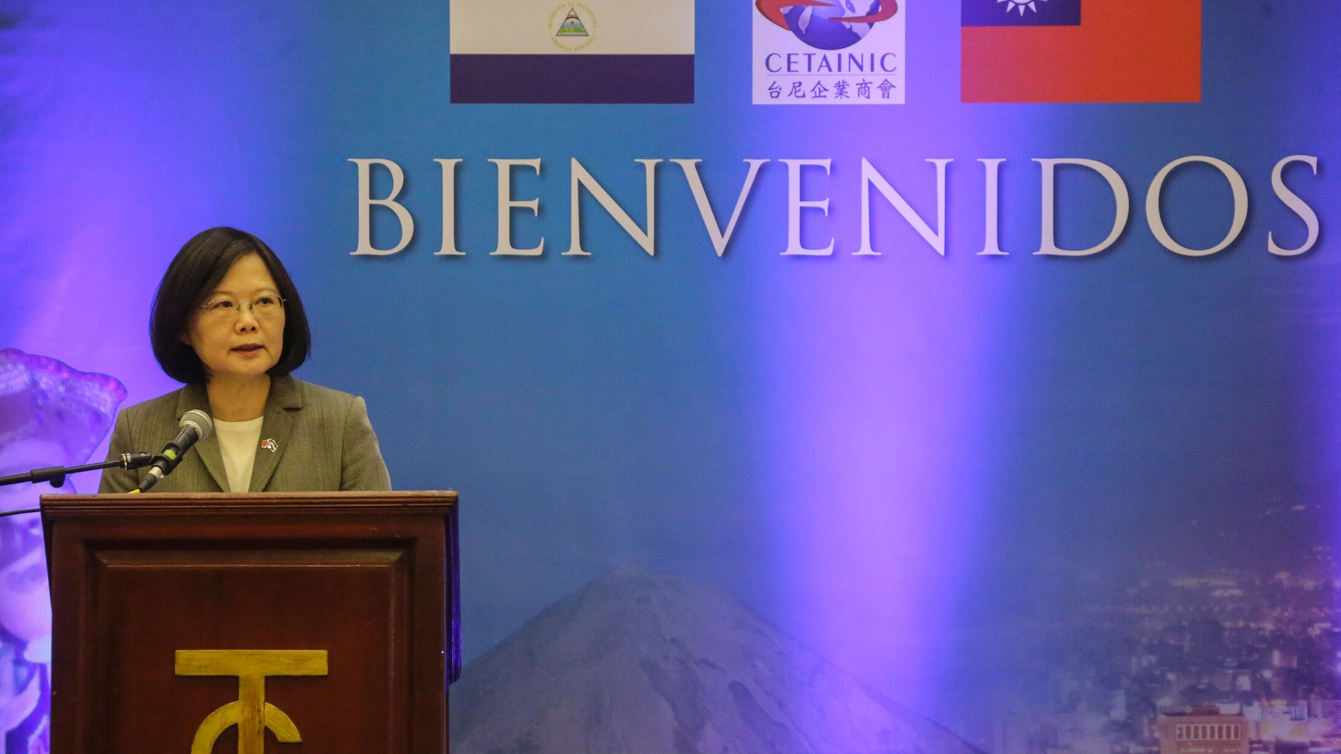 Taiwan's President Tsai Ing-wen delivers a speech during a meeting with businessmen from Nicaragua and Taiwan in Managua on January 10, 2017.
