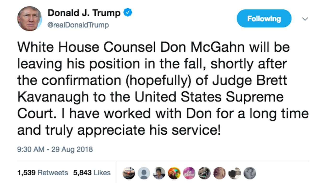 Trump Confirms White House Counsel Don Mcgahn Will Depart In The Fall