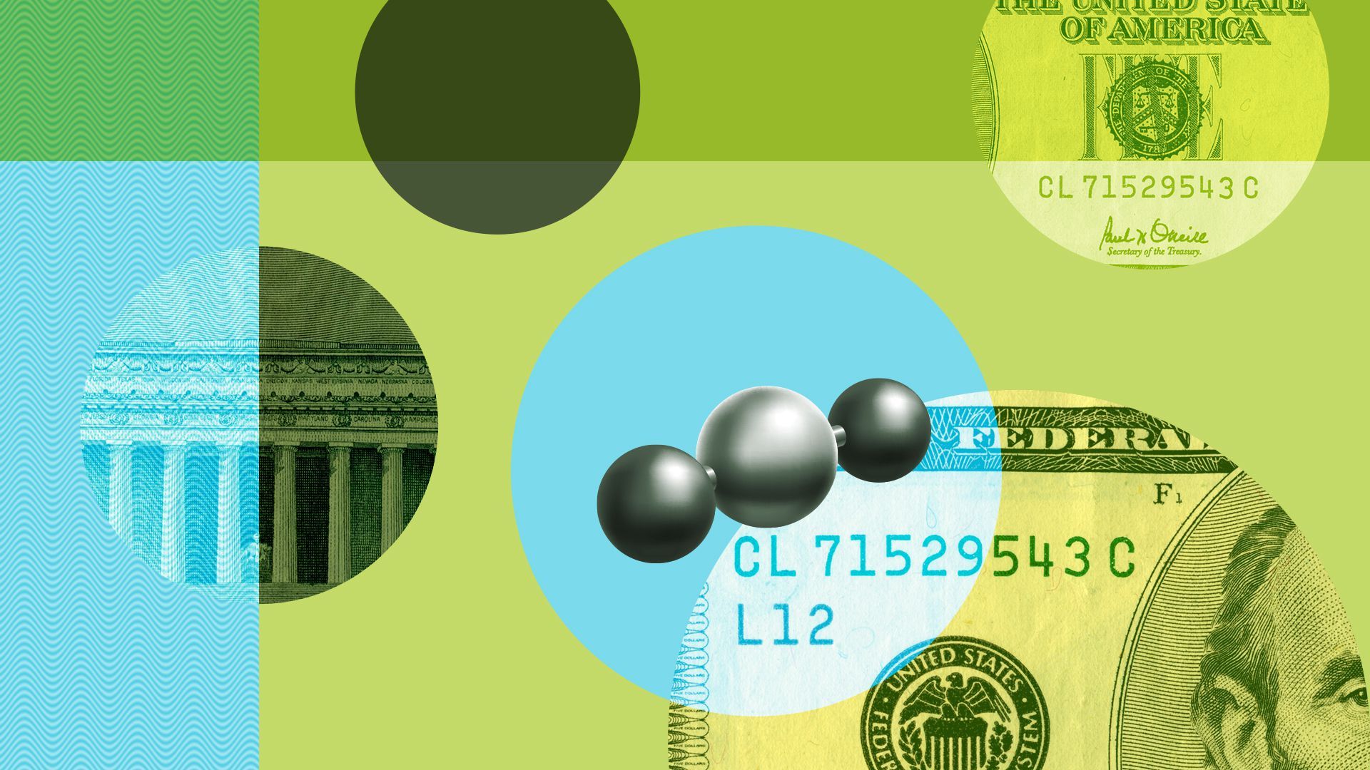 Illustration of a carbon molecule, US currency and geometric shapes