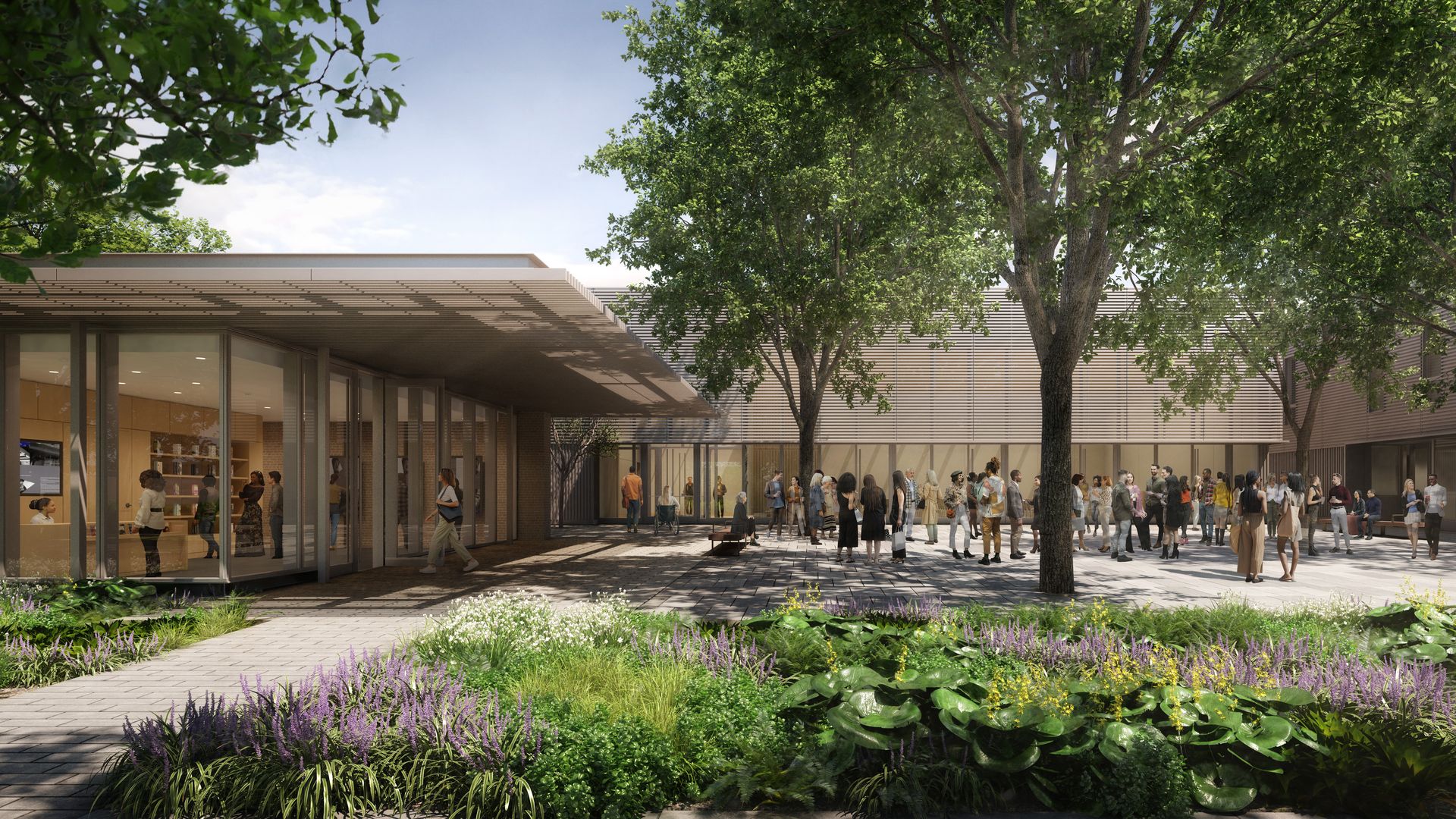 A rendering of a building and people outside. 