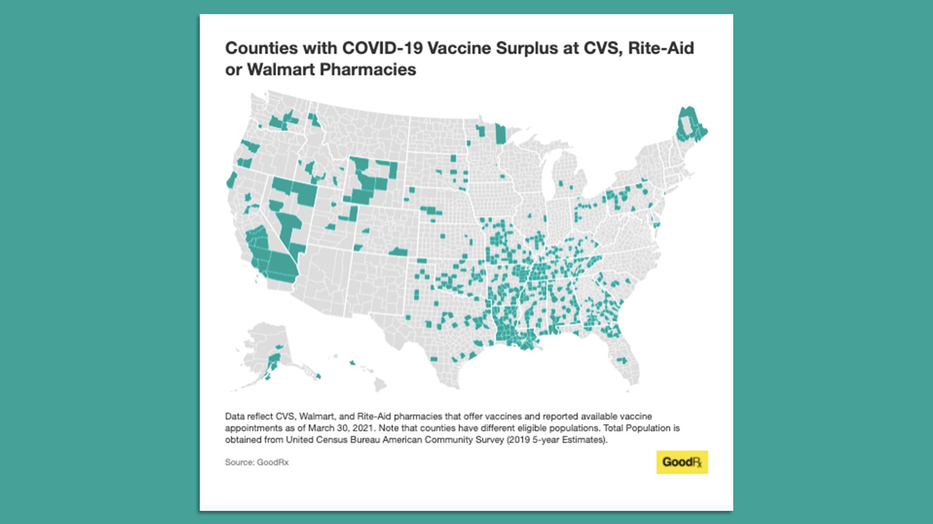 Map of counties with vaccine surplus at pharmacies