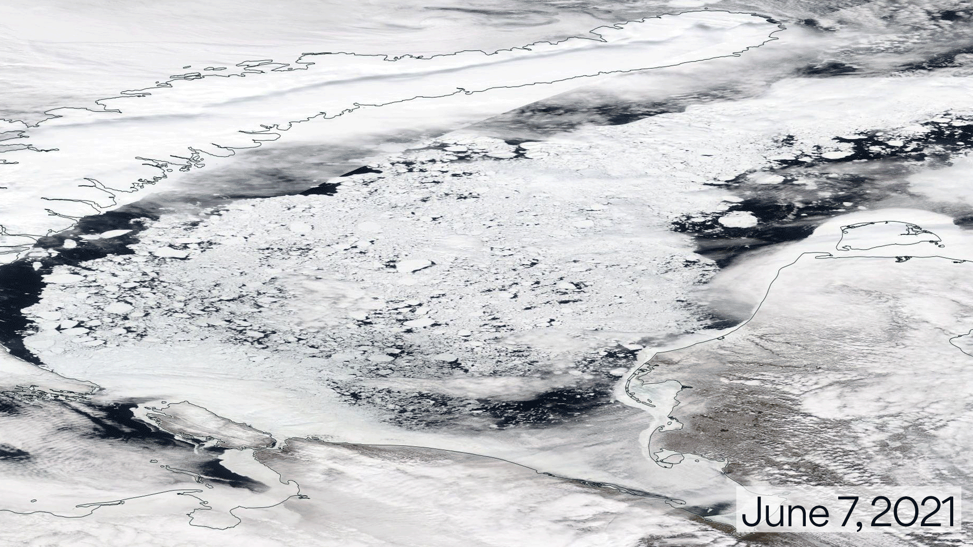 Sea ice disappears from the Laptev Sea north of Russia in June 2021.