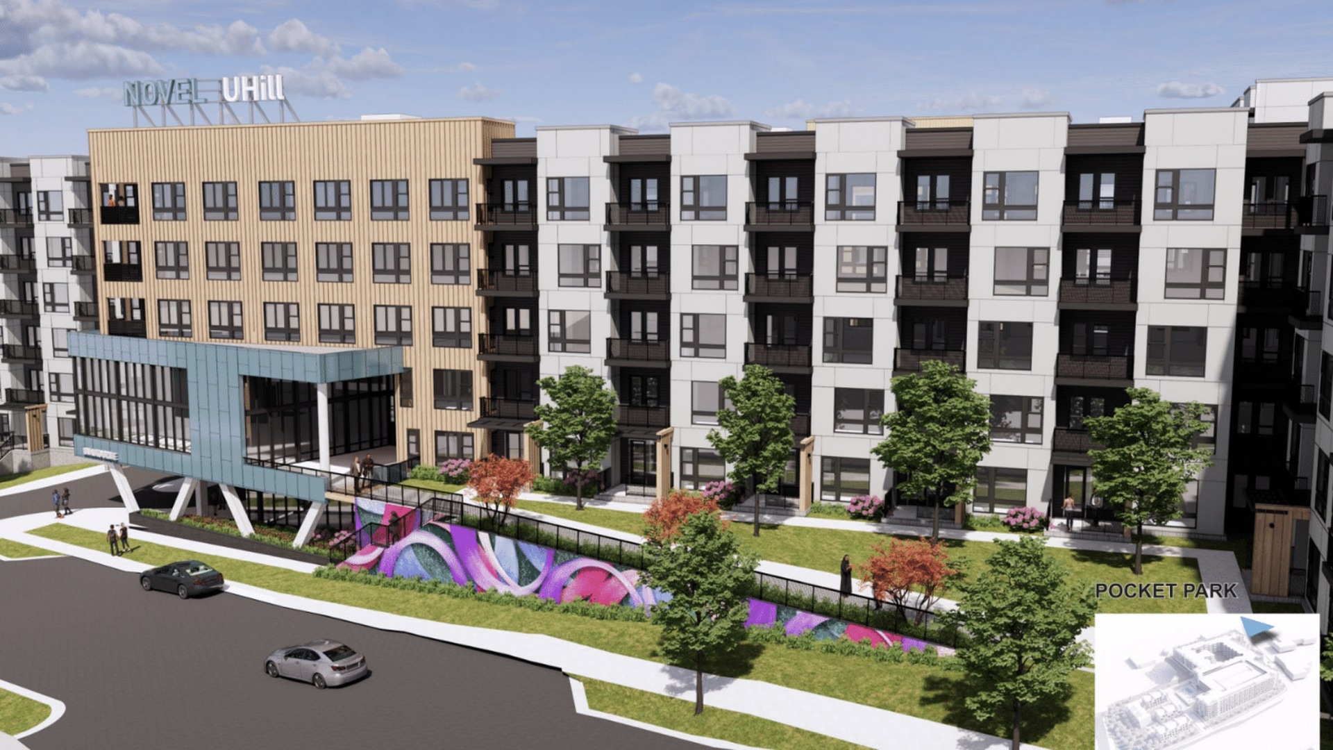 A rendering of a planned 5-story apartment in Durham