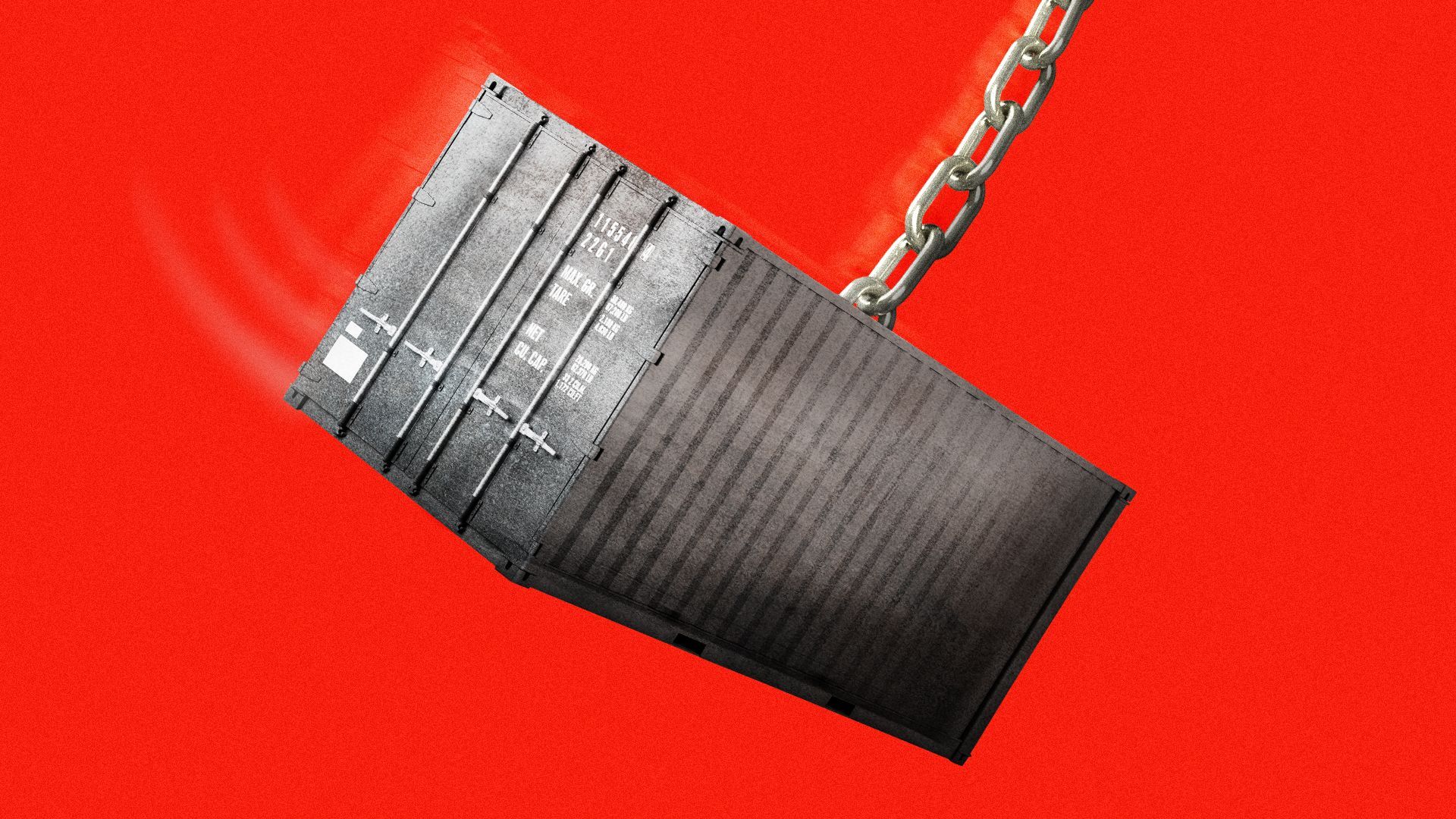 Illustration of a shipping container in the form of a wrecking ball swinging on a chain