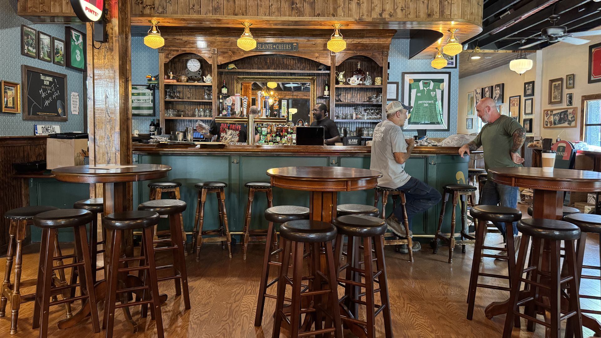 Interior of a cozy pub with wooden tables and stools, a green bar counter, two men talking near the bar, warm yellow lights, and framed sports memorabilia on blue walls.