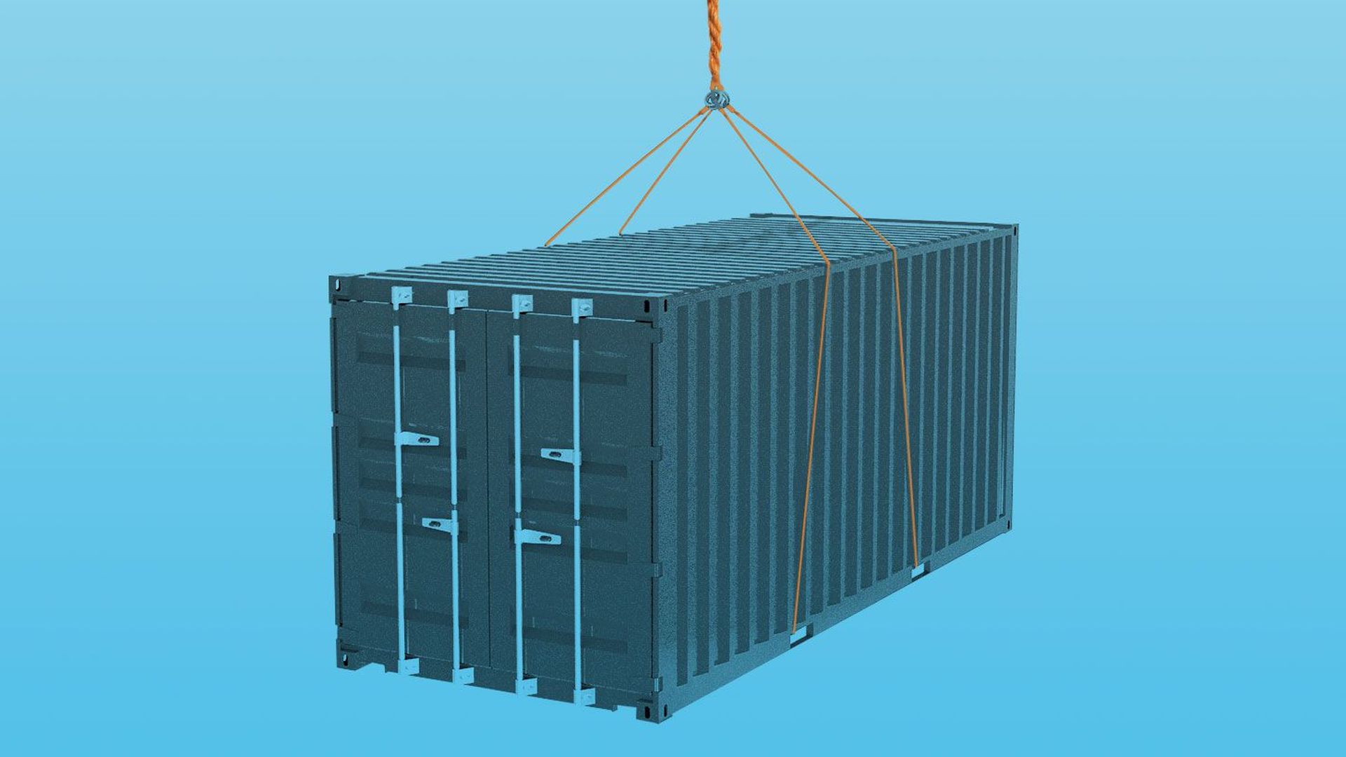 Illustration of a shipment container being held up by a frayed rope. 