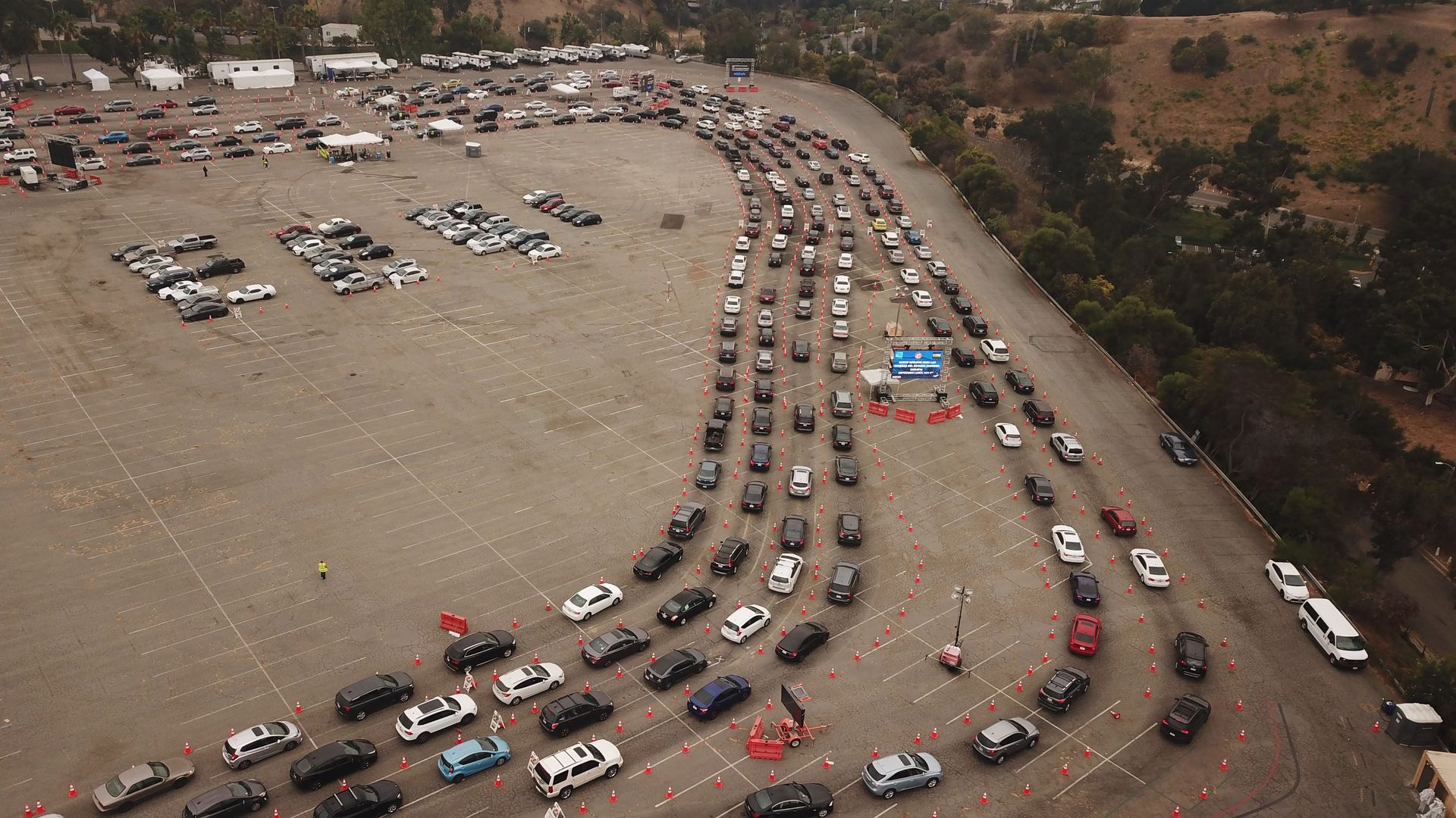 Picture of cars lining up in Dodger Stadium in Los Angeles for coronavirus testing