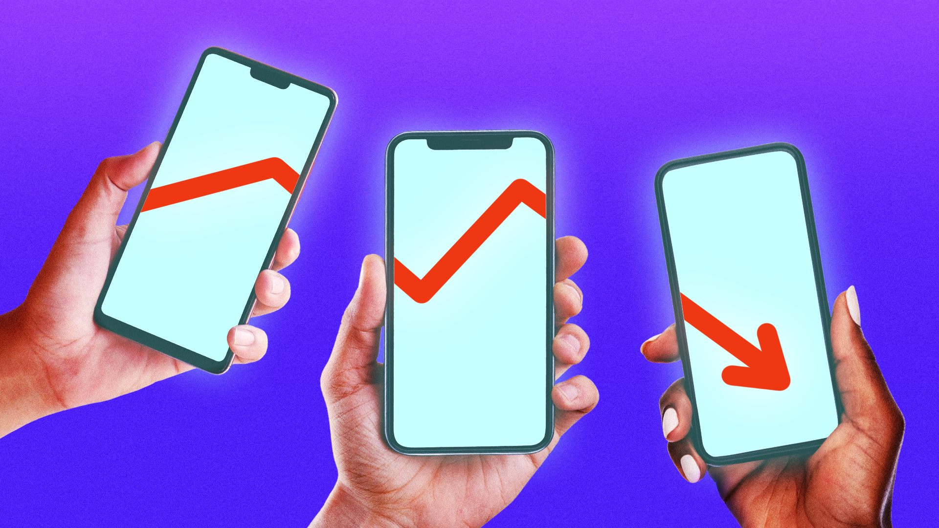 Illustration of three hands holding phones with a downward arrow appearing across them.