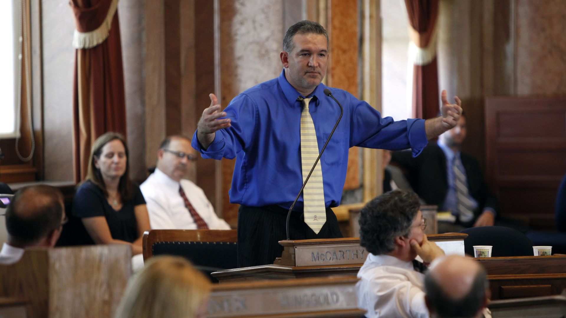 Kevin McCarthy, wearing a bright blue shirt and yellow tie, delivers a speech as the Iowa House minority leader back in 2011. 