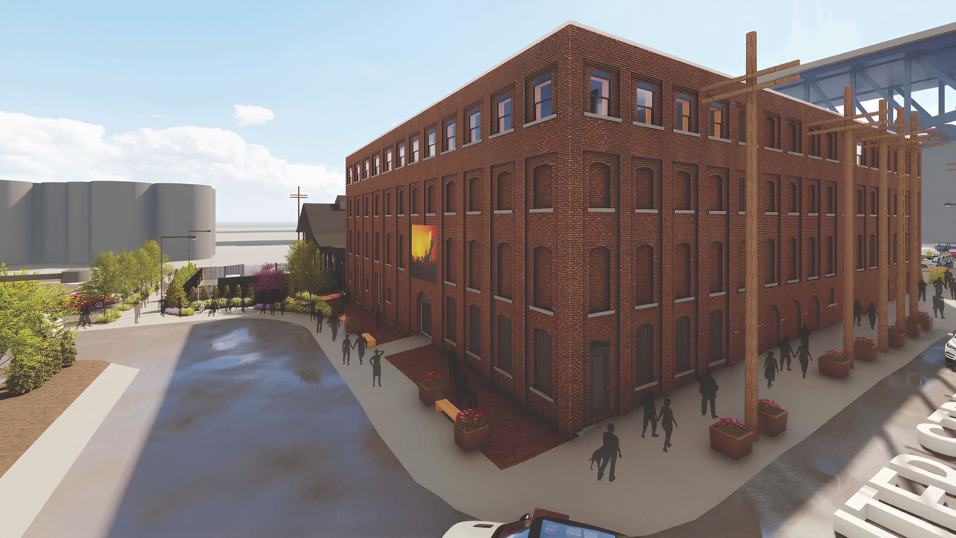 A rendering of a warehouse building. 