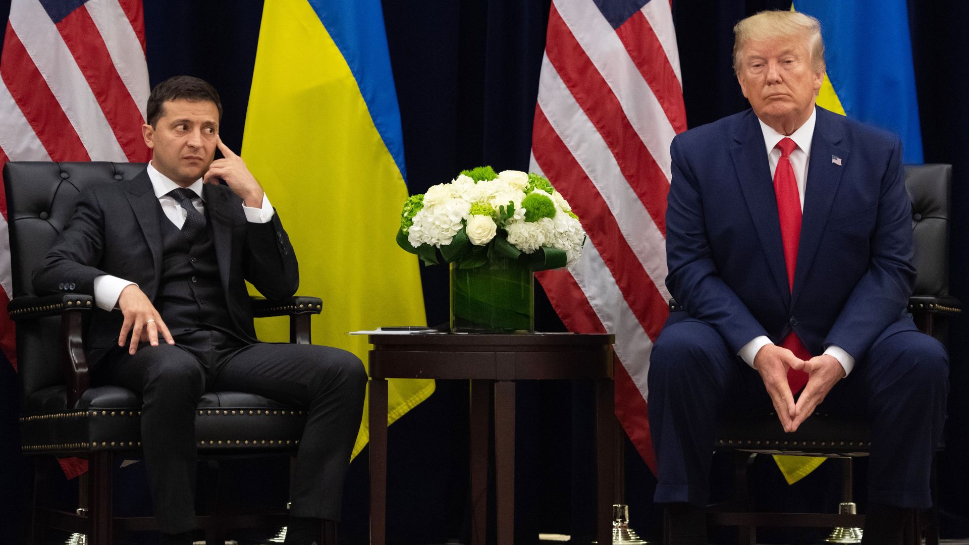 Donald Trump and Volodymyr Zelensky in adjacent chairs for press conference