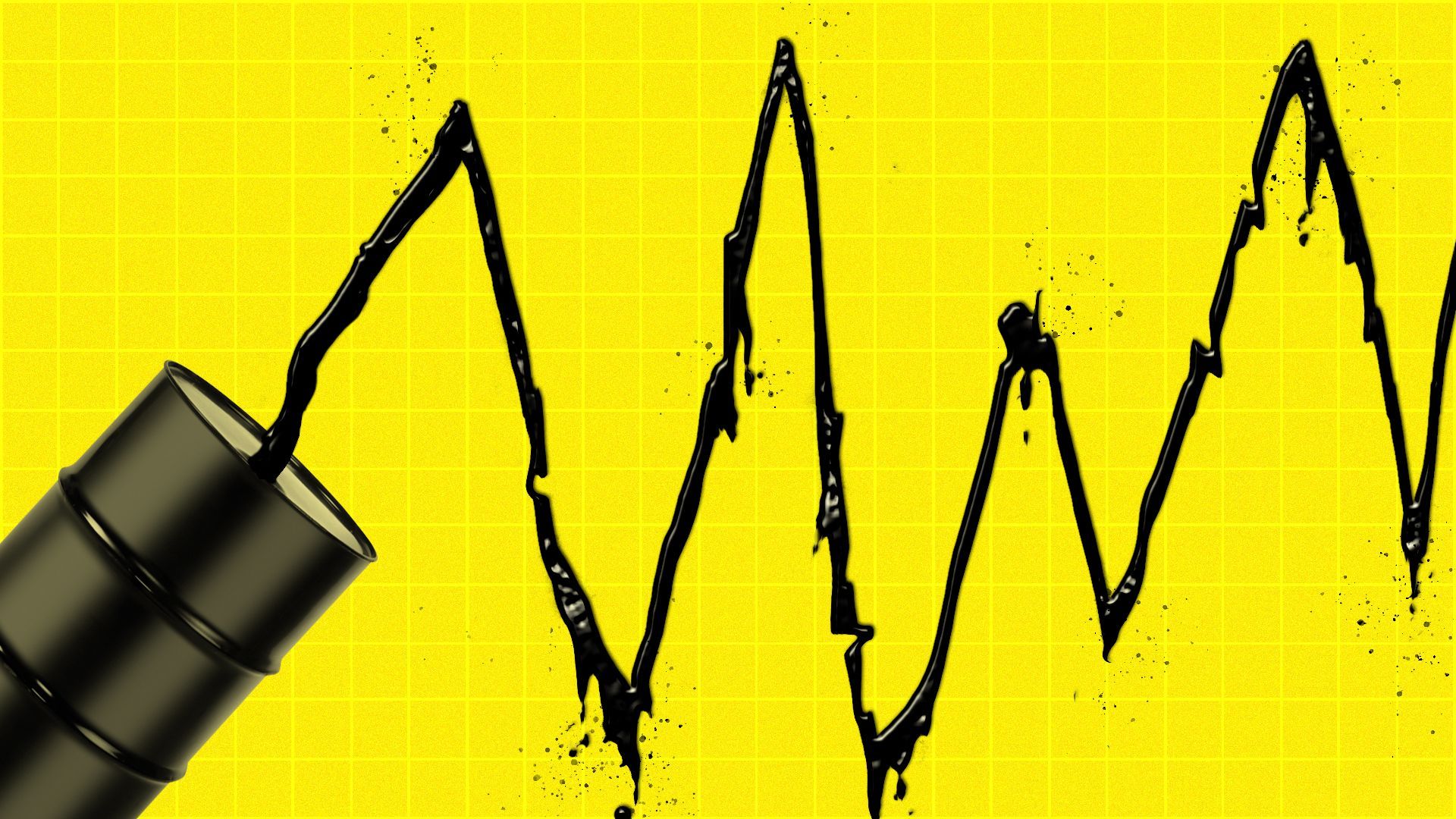 Illustration of an oil barrel spilling oil, forming an erratic line chart. 