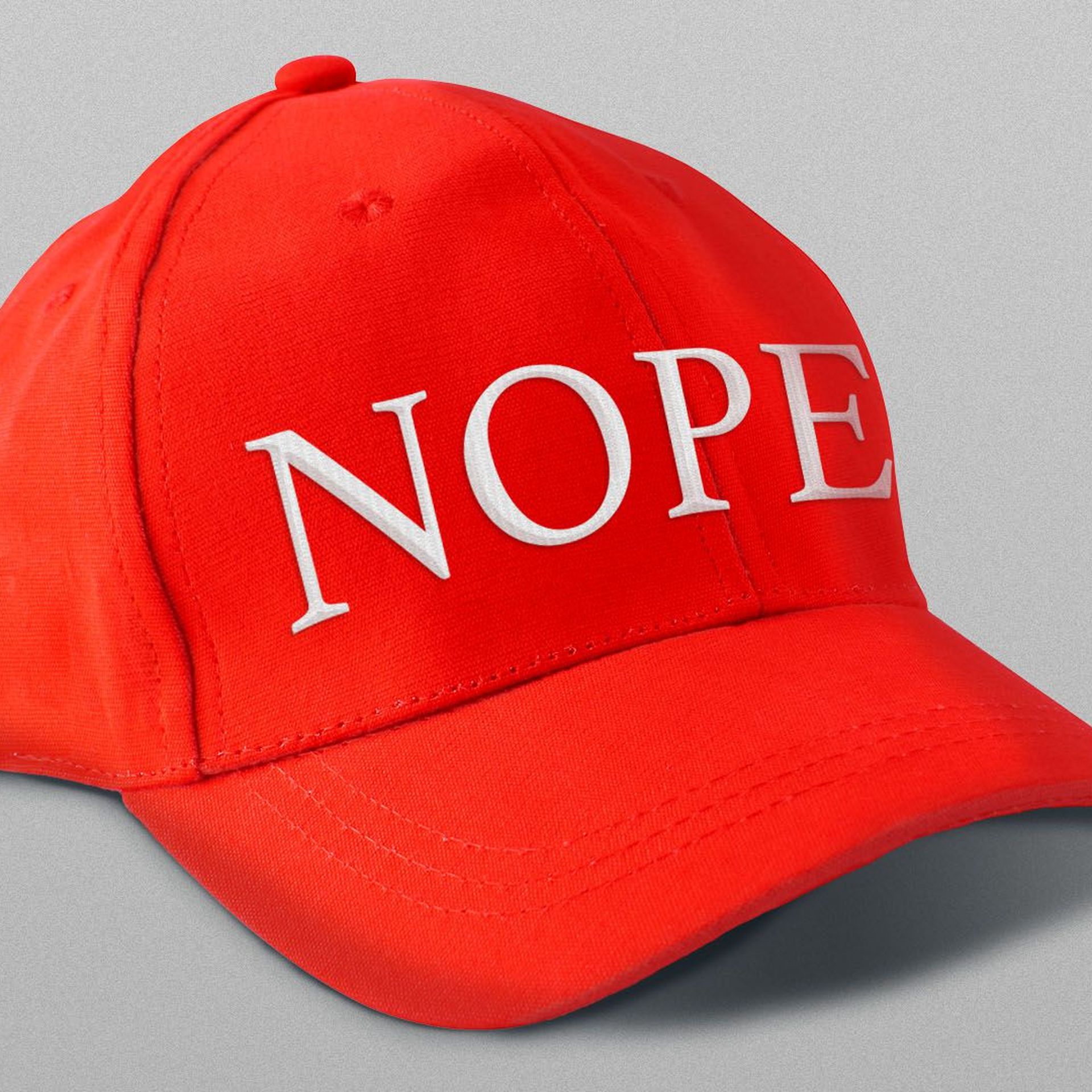Illustration of a red Maga-like baseball cap that reads "nope"