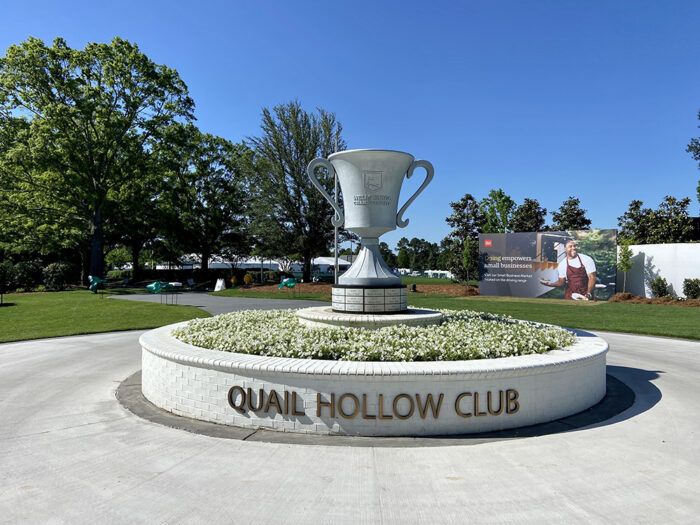 The Wells Fargo Championship entrance includes a replica of the trophy.