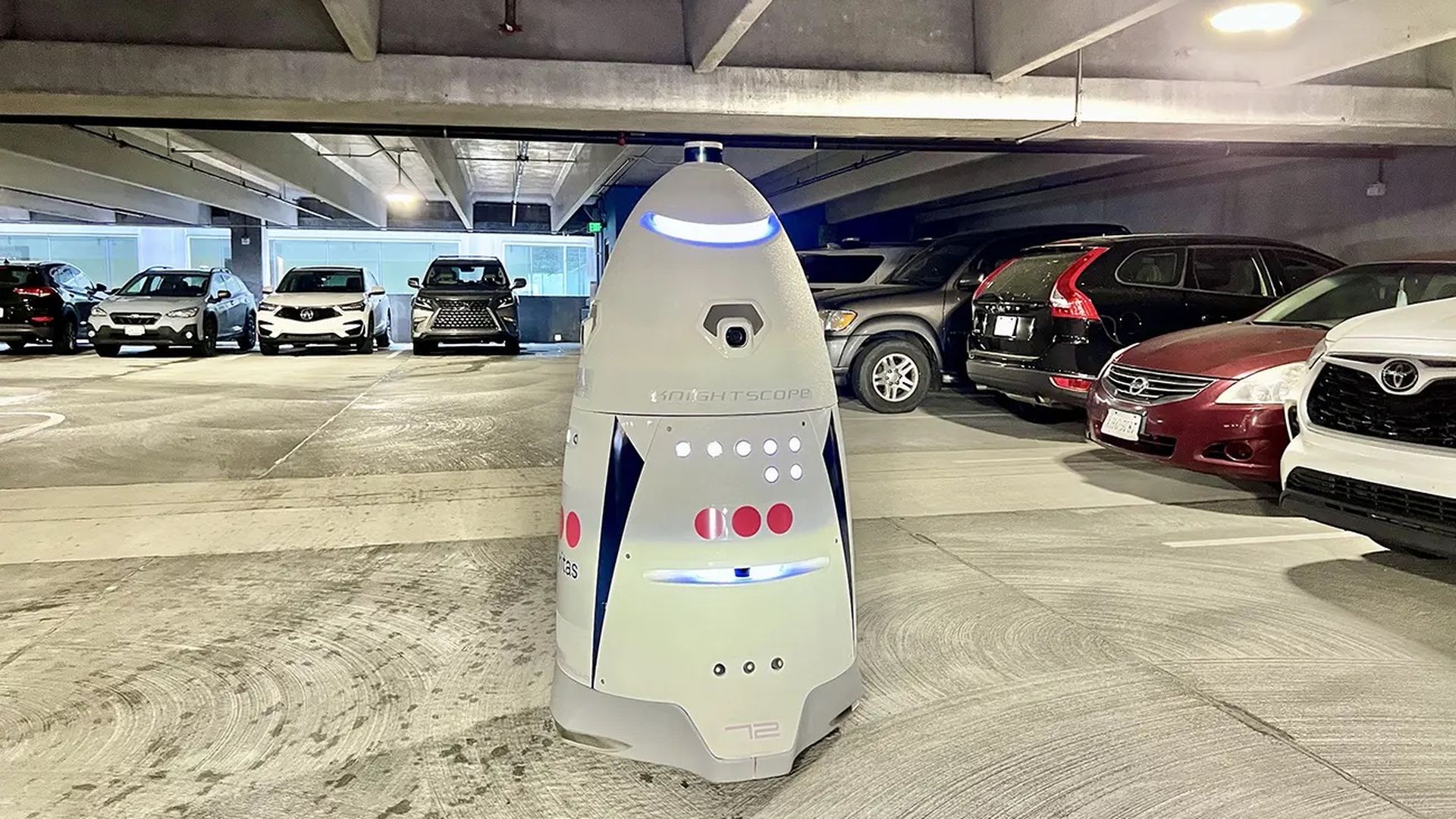 A security robot patrols a garage in Charlotte, N.C.