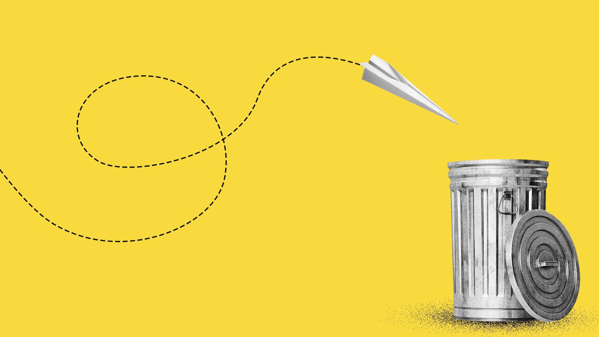 Illustration of a paper airplane going into a trash can.