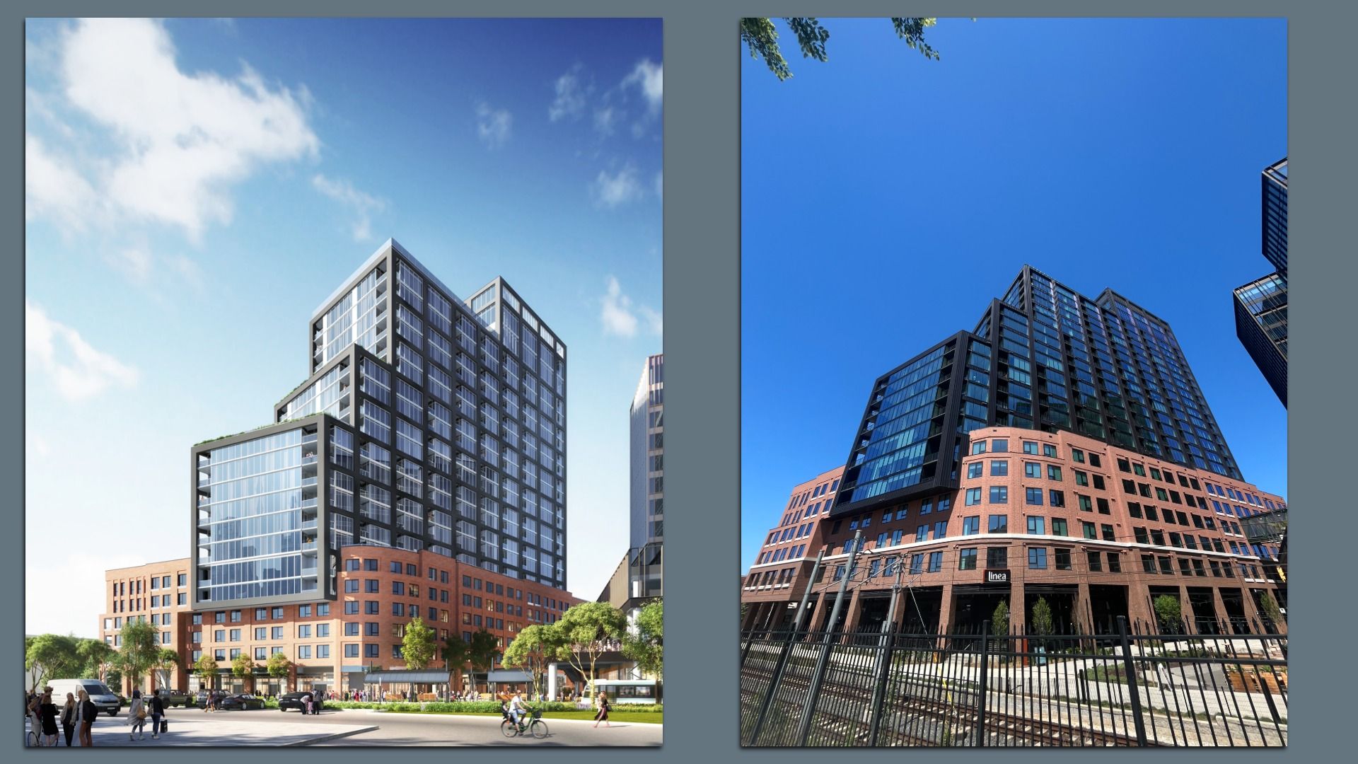 A rendering of a building next to a real picture of the building