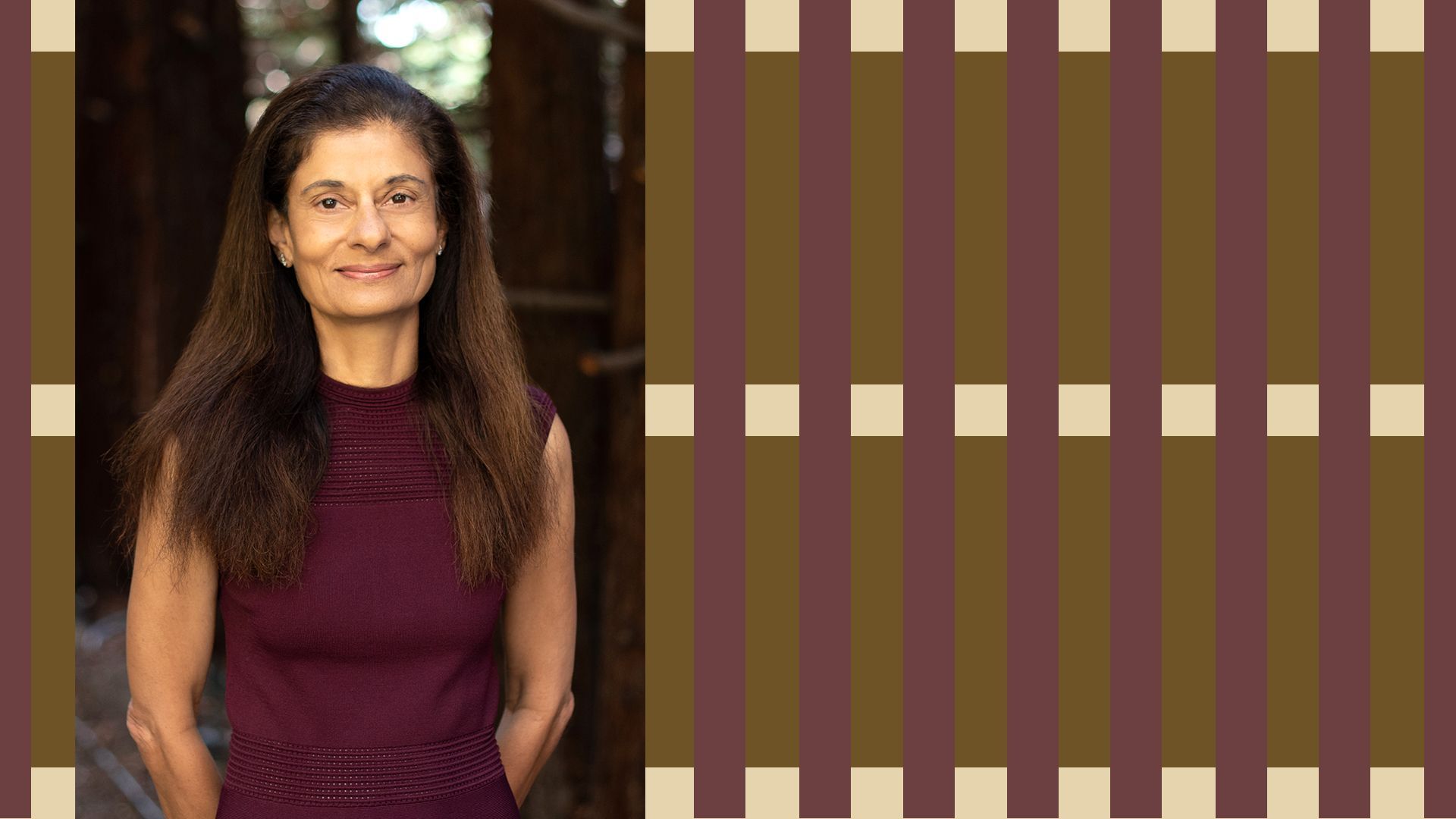 Photo illustration of Khosla Ventures Comms/Marketing chief Shernaz Daver next to graphic stripes.