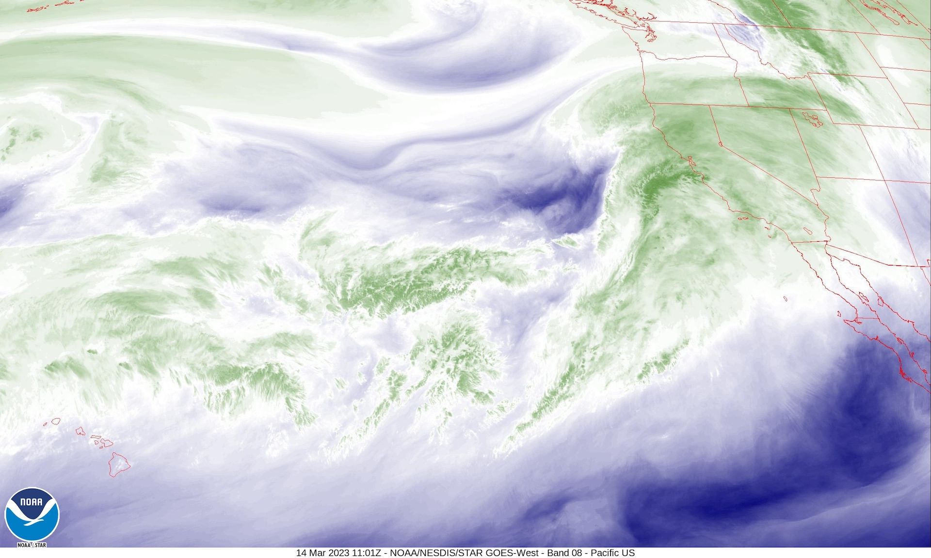 Satellite image showing an atmospheric river event taking aim at California.