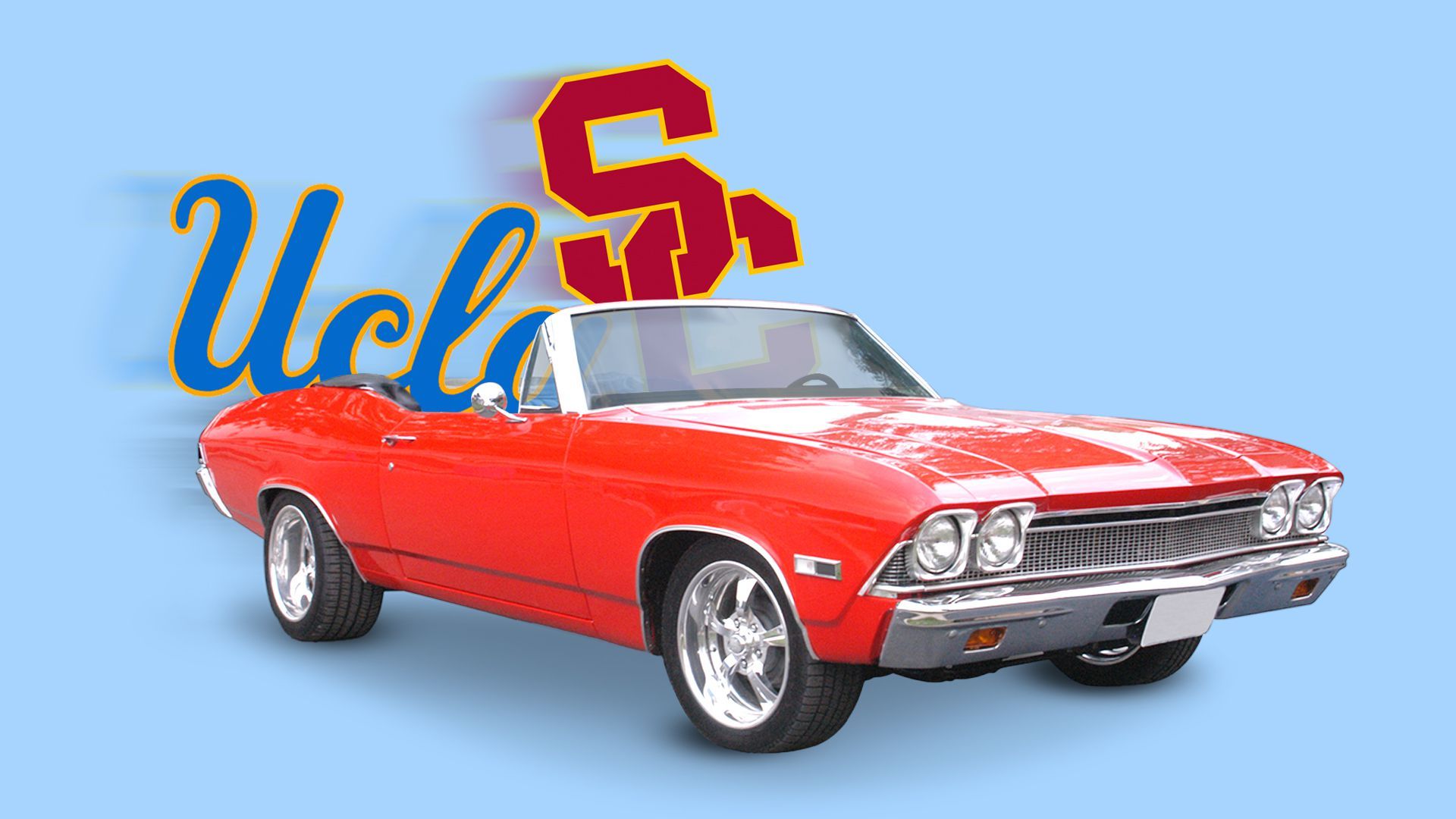 Illustration of the USC and UCLA logos riding away in a convertible