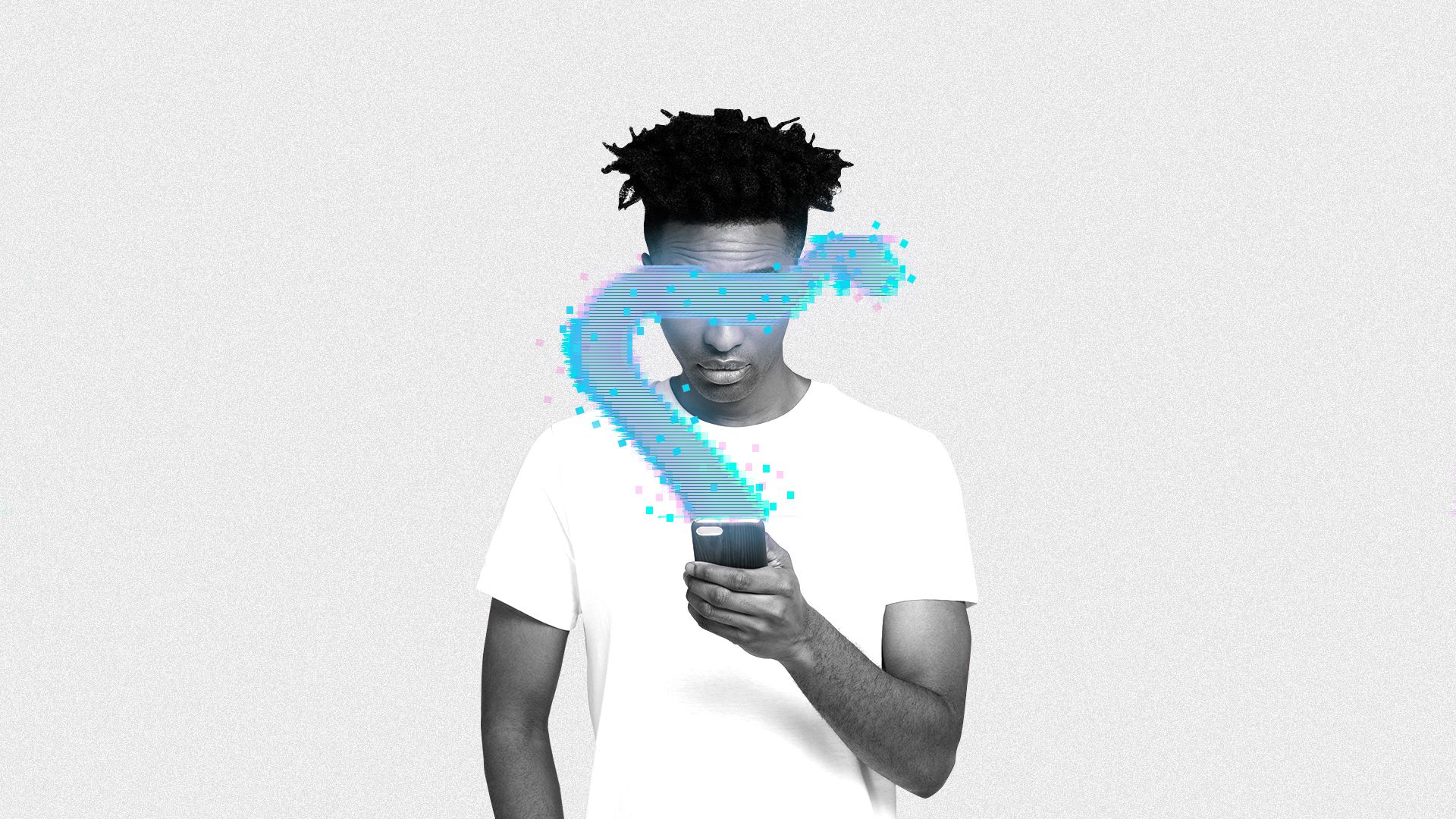 In this illustration, a man holds an iphone as pixels cover his face