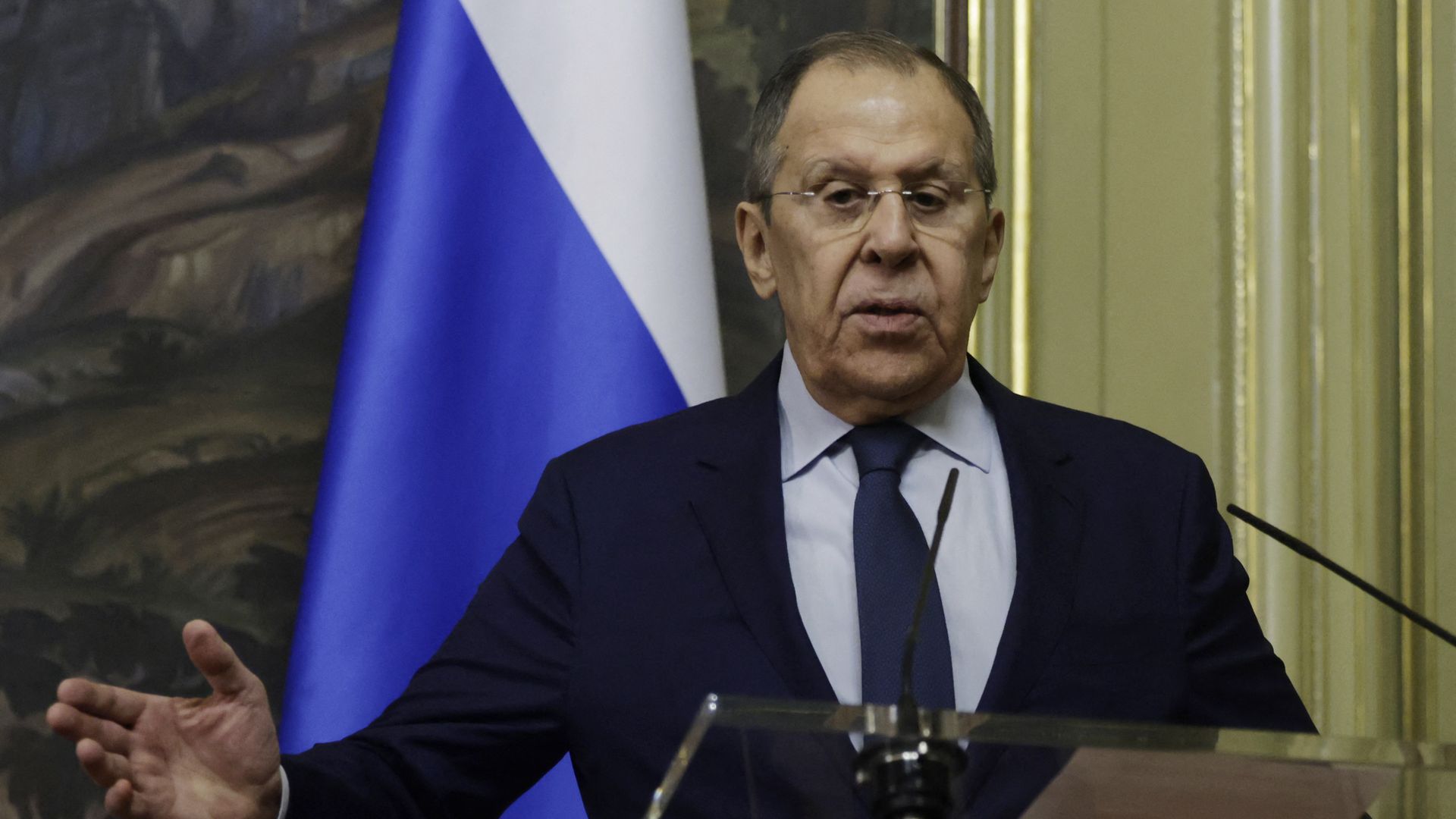 Russia's Foreign Minister Sergei Lavrov attends a joint press conference with Iranian Foreign Minister following their talks in Moscow on April 18.