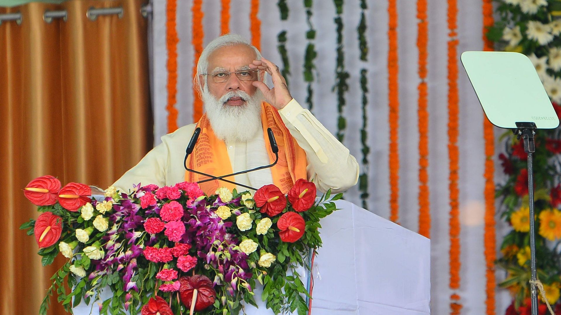  Prime minister Narendra Modi speaking during the inauguration and foundation stone laying of many projects worth Rs 1500 Crore schemes at IIT BHU ground on July 15, 2021 in Varanasi, India. 