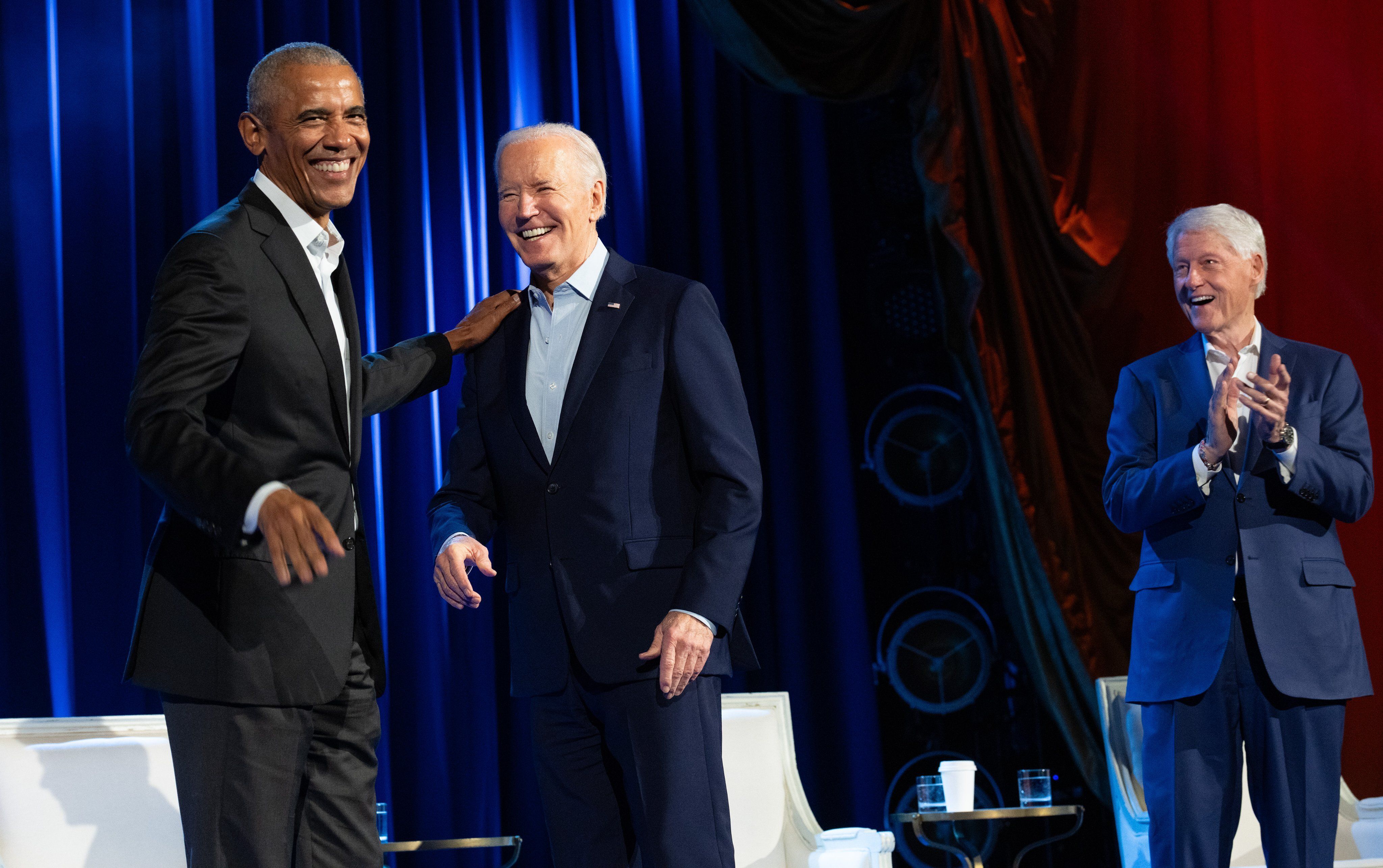 Former President Obama, President Biden and former President Clinton at a fundraiser in Radio City Music Hall yesterday.