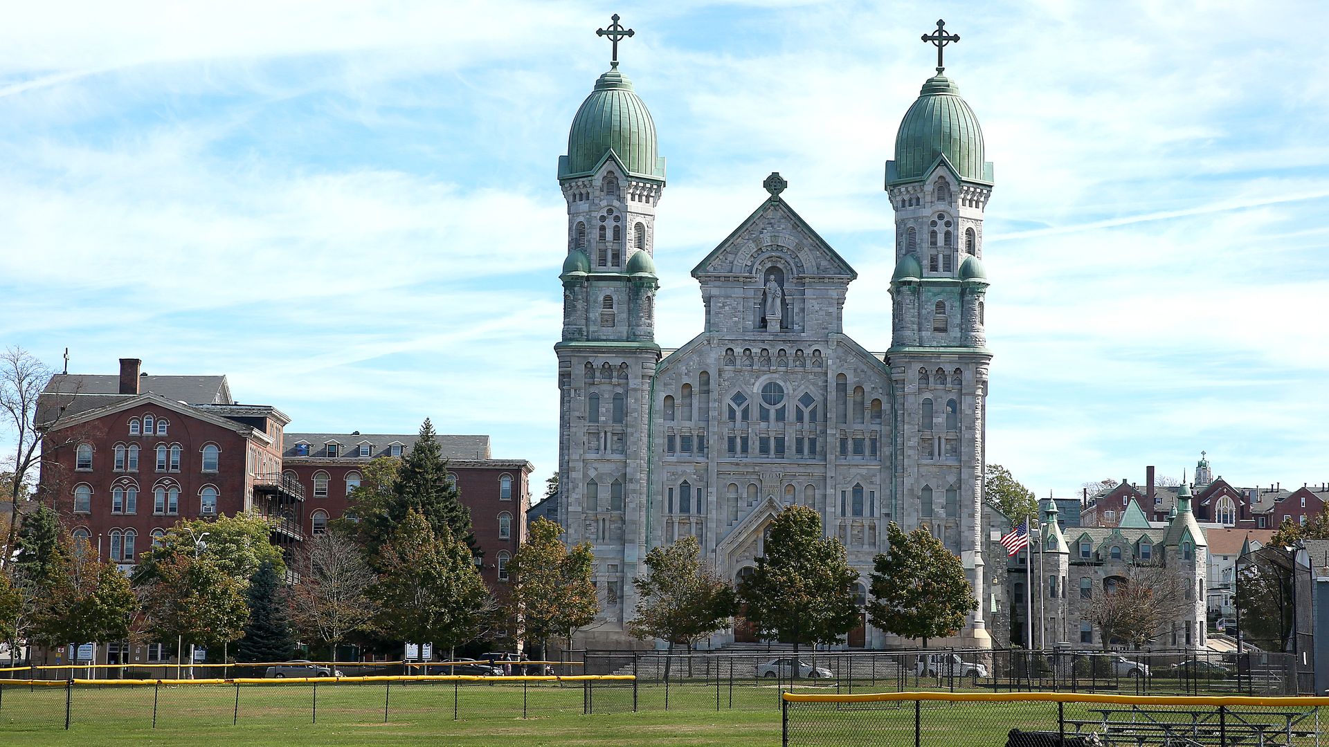 St. Anne Parish and Shrine sits at one end of John F. Kennedy Memorial Park in Fall River, MA on Oct. 11, 2015. (Photo by Pat Greenhouse/The Boston Globe via Getty Images)