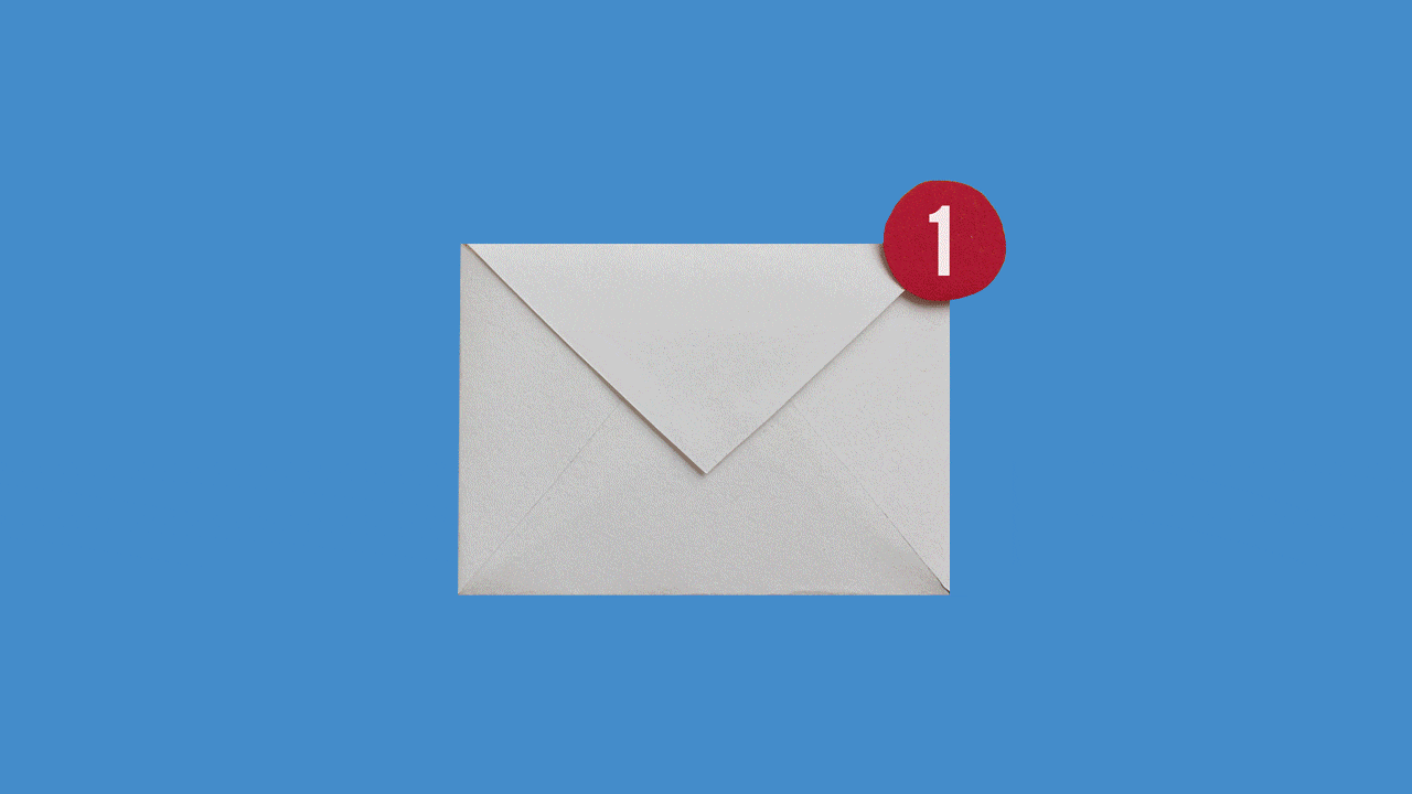 Animated illustration of an envelope with a notification that reads "1", glitching to show "!", and then "1" again.