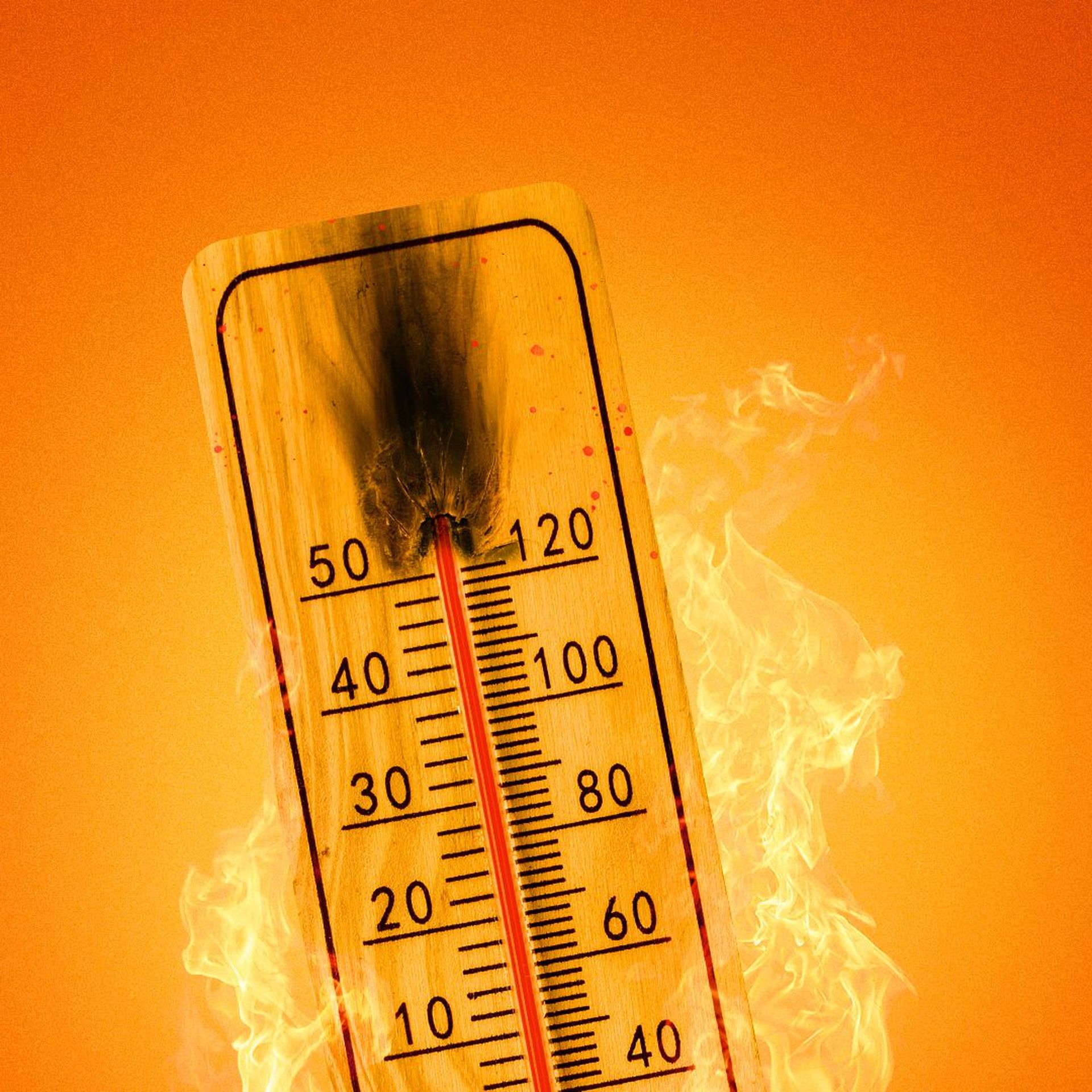 Illustration of a weather thermometer on fire with a scorched top where the mercury has exploded. 
