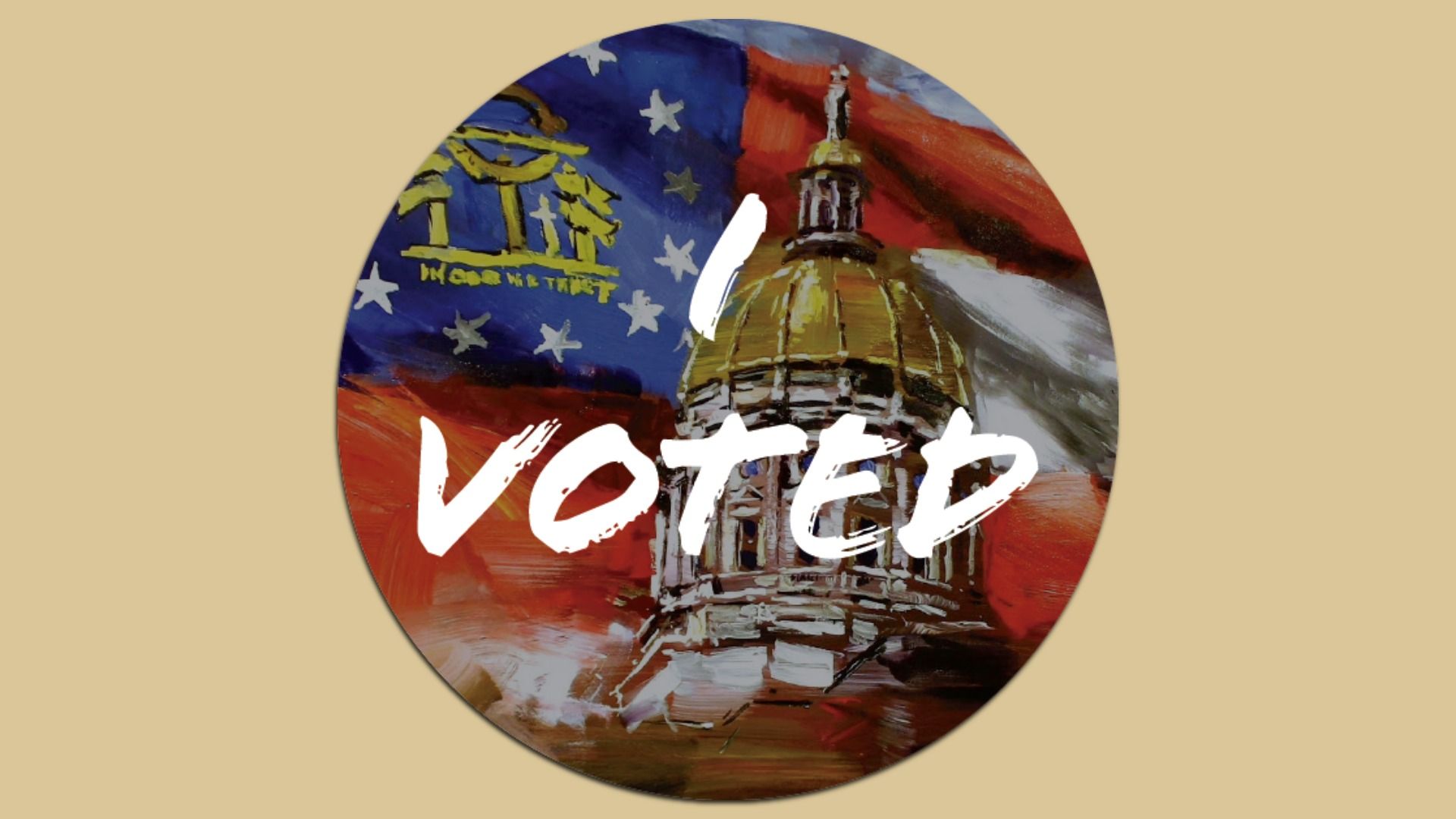 Circular painted badge on a beige background, featuring a patriotic scene: blue left field with stars, a yellow domed capitol building, red and gold tones, and a bold white brush-stroke word "Voted" across the bottom.