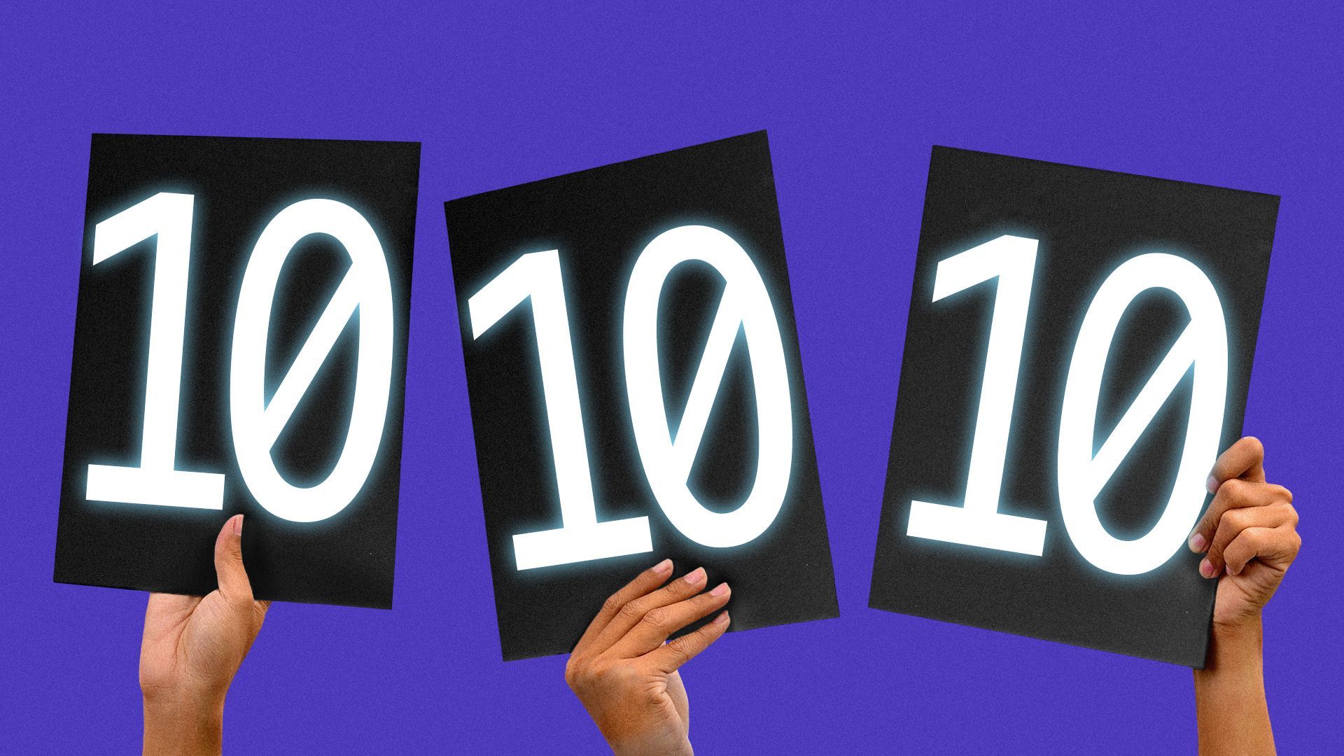 Illustration of hands holding three black signs with glowing binary "10"s.