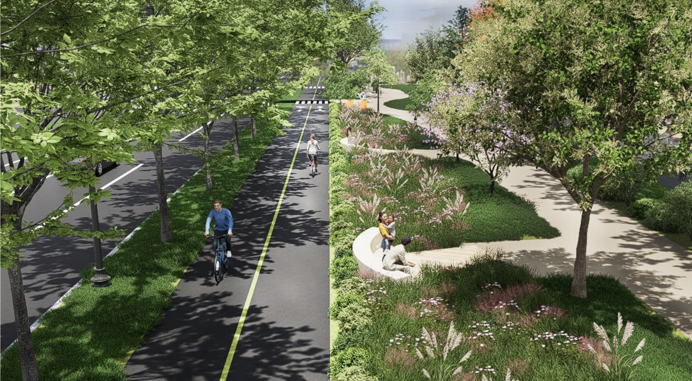 A City of Boston rendering showing Rutherford Avenue as a multimodal boulevard. From left, there's the road, then trees and street lamps, a pedestrian and bike path, a rain garden with more trees and green space with a concrete path for strolling.