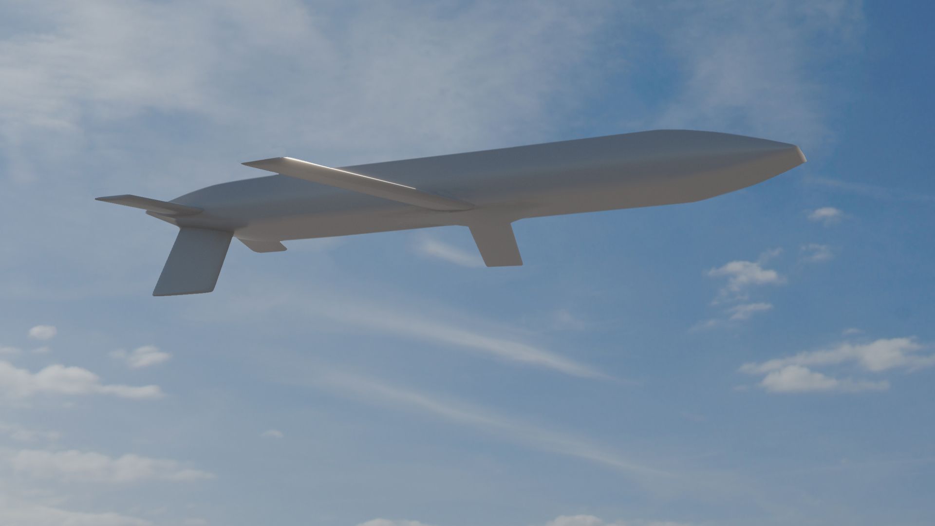 An artist's rendering of a missile soaring through blue skies.