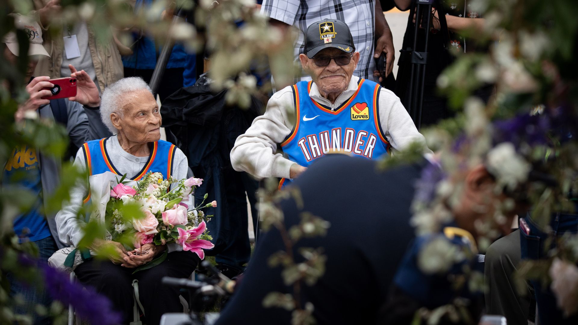 Survivors Viola Fletcher, left, and Hughes Van Ellis attend a soil dedication ceremony for victims of the 1921 Tulsa Massacre in Tulsa, Oklahoma, U.S., on Monday, May 31