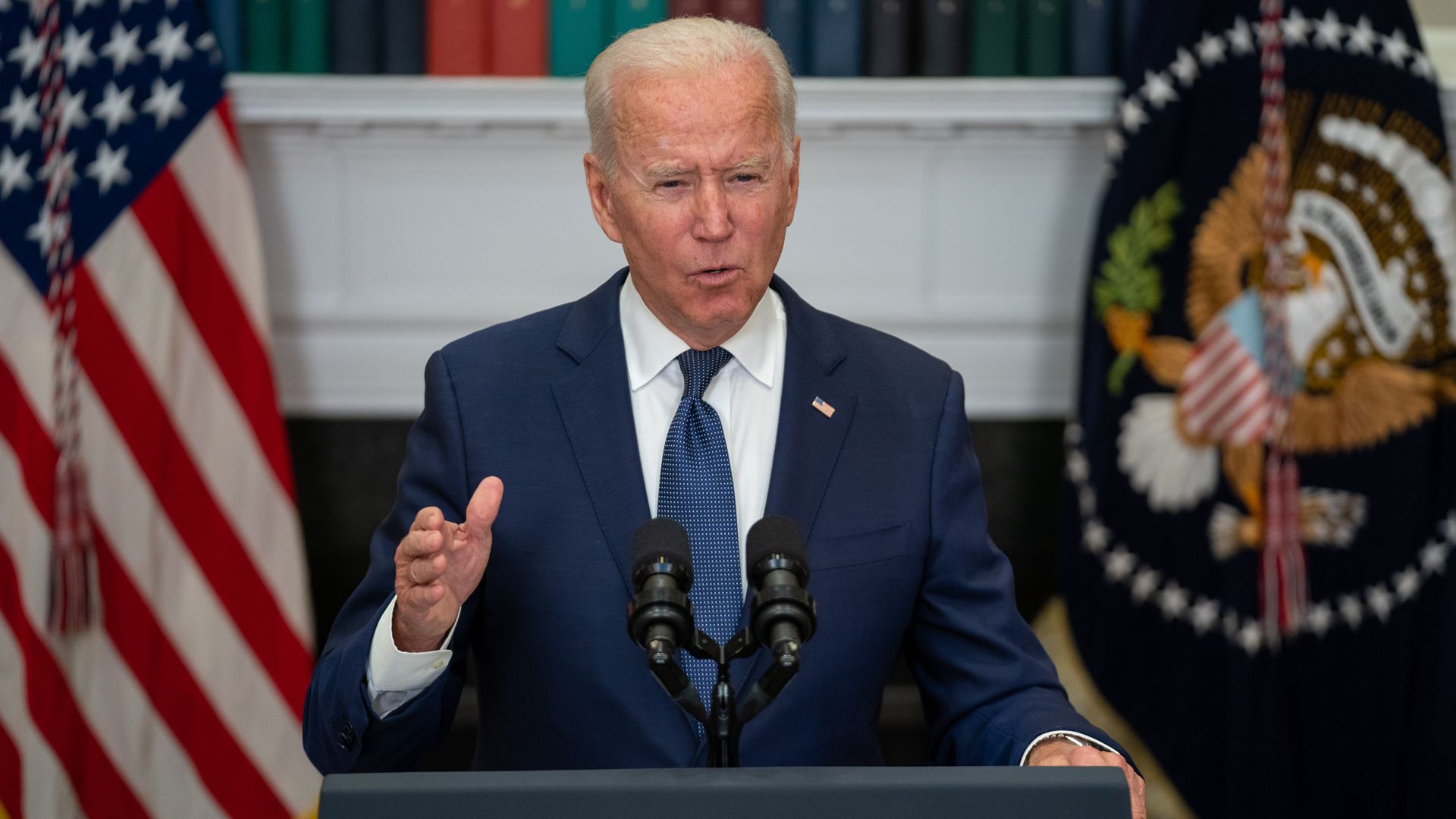  U.S. President Joe Biden speaks in the Roosevelt Room of the White House in Washington, D.C.