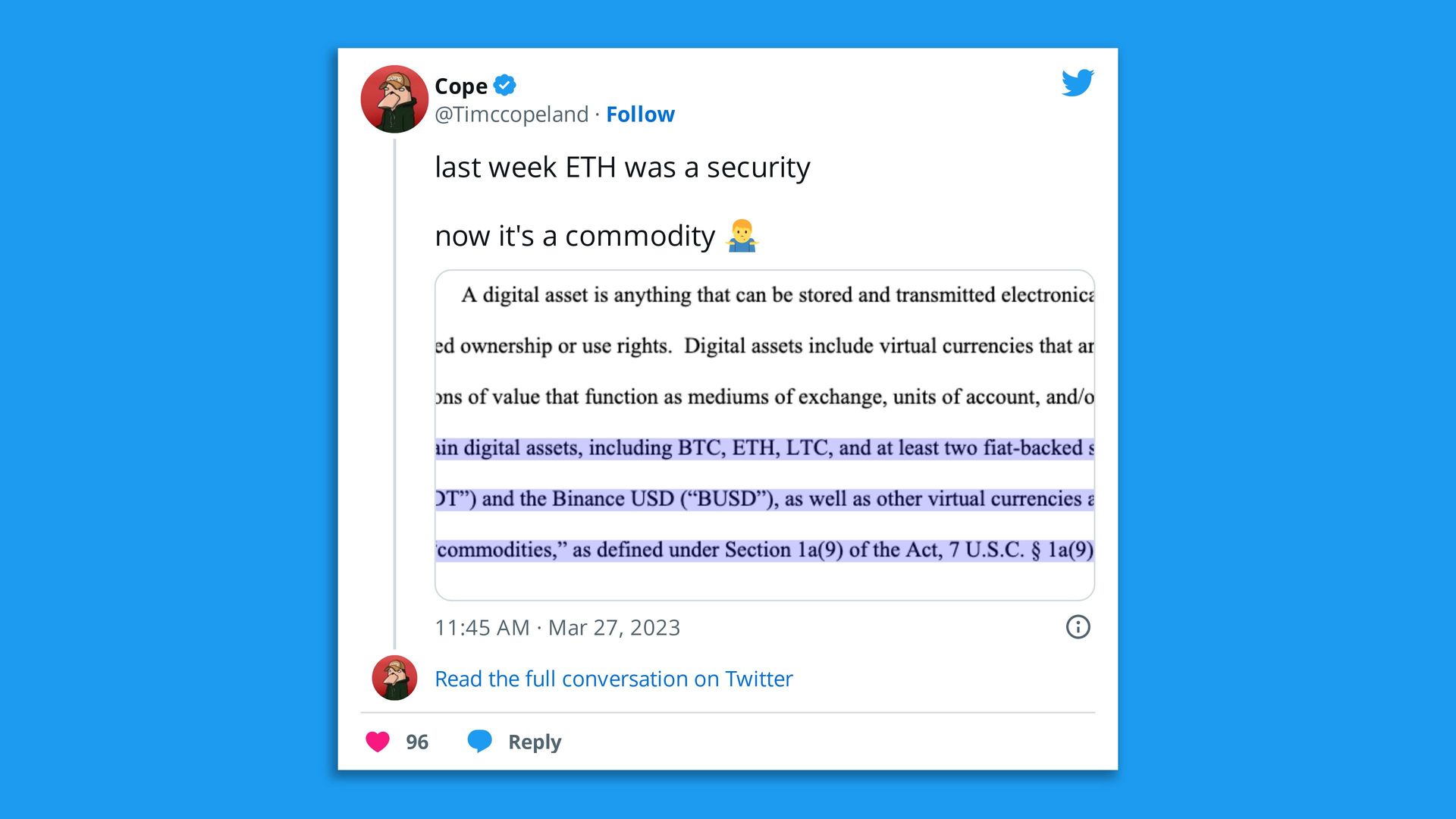 Twitter user says "last week ETH was a security" in a nod to overlapping regulatory jurisdictions in crypto