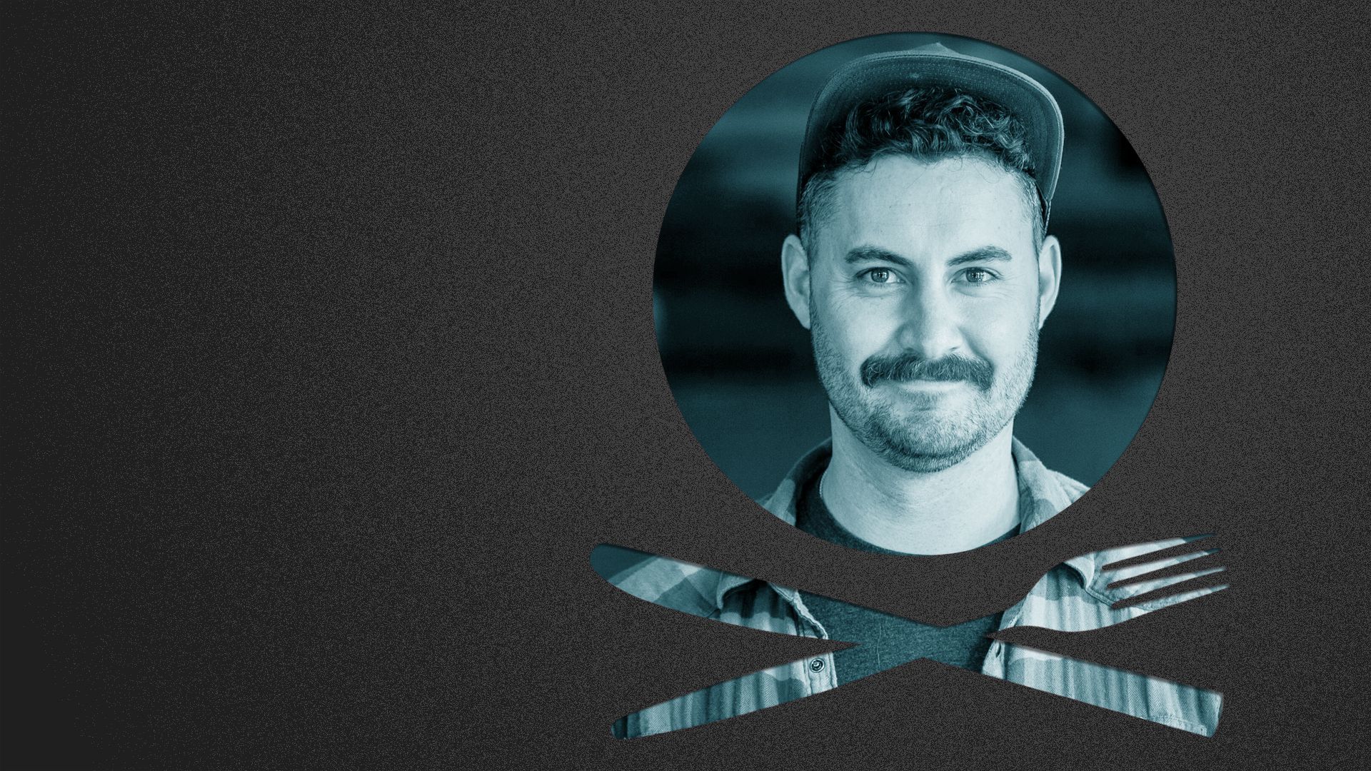 Photo illustration of Nathan Hardin with a cutlery in the shape of a skull and crossbones